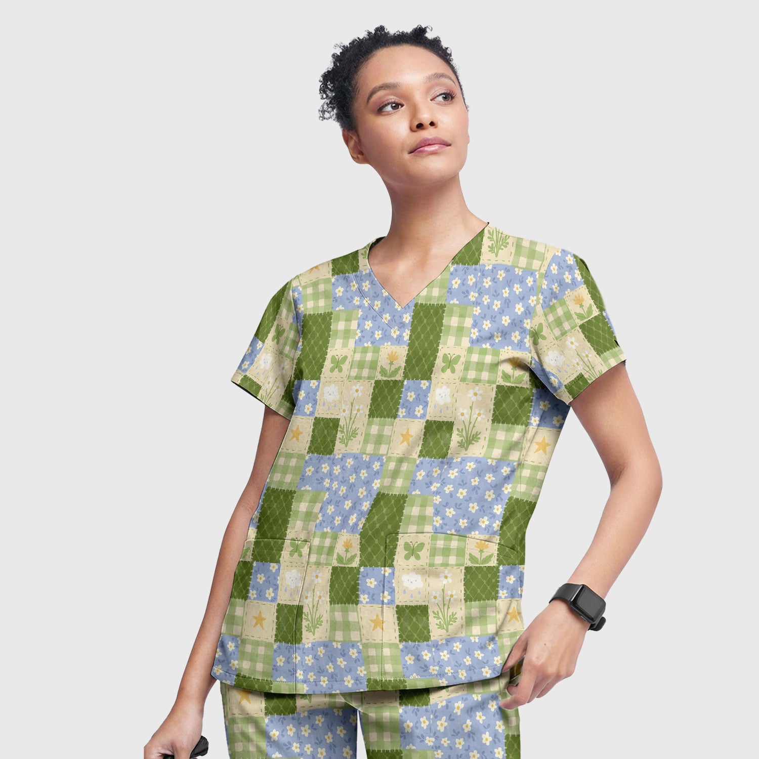 Green Patchwork Clover Floral Pattern Scrub Set, Scrub Pants and V Neck Top