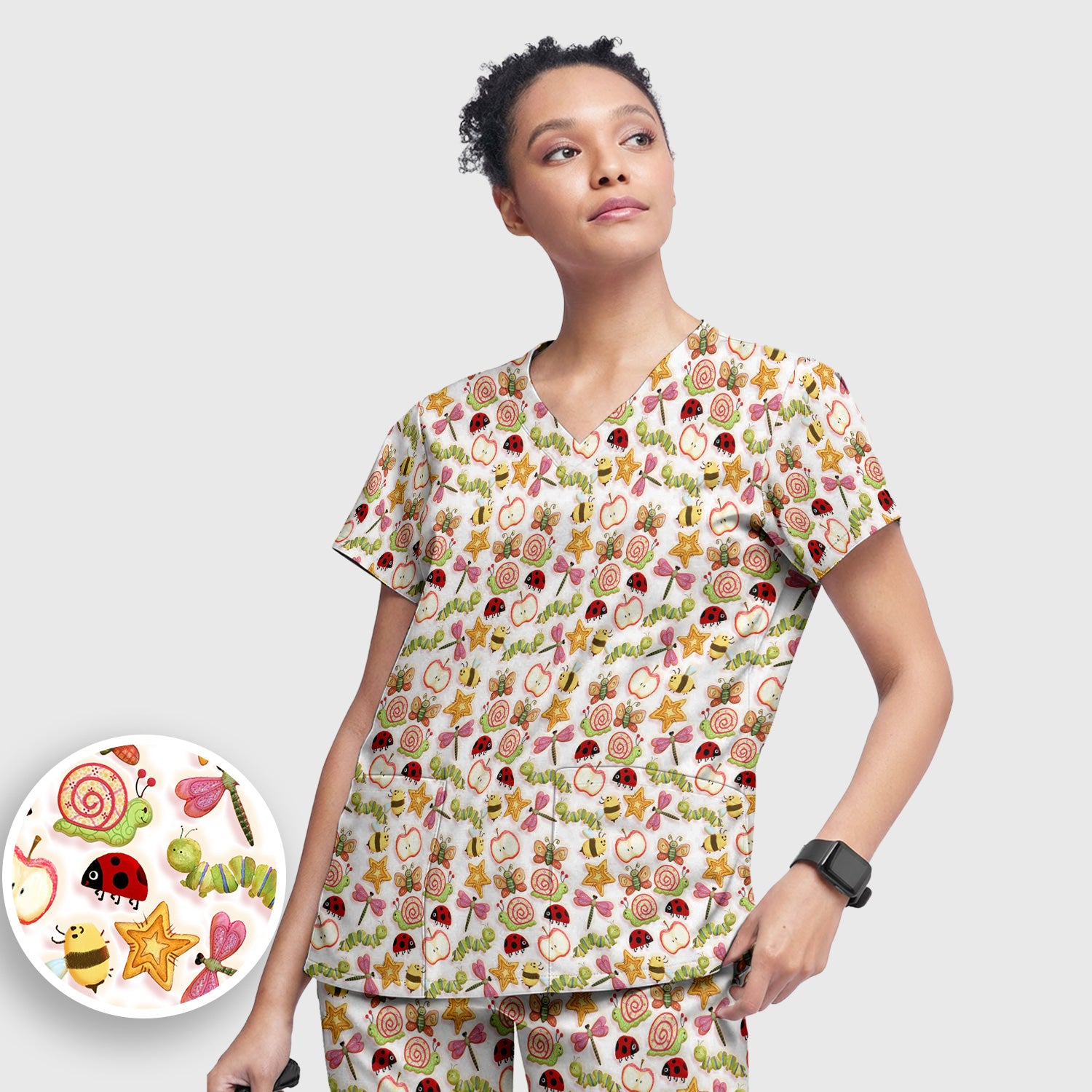 Cute Nurse Snail Ladybug Caterpillar Apple Garden Pattern Scrub Set, Breathable Med Uniform