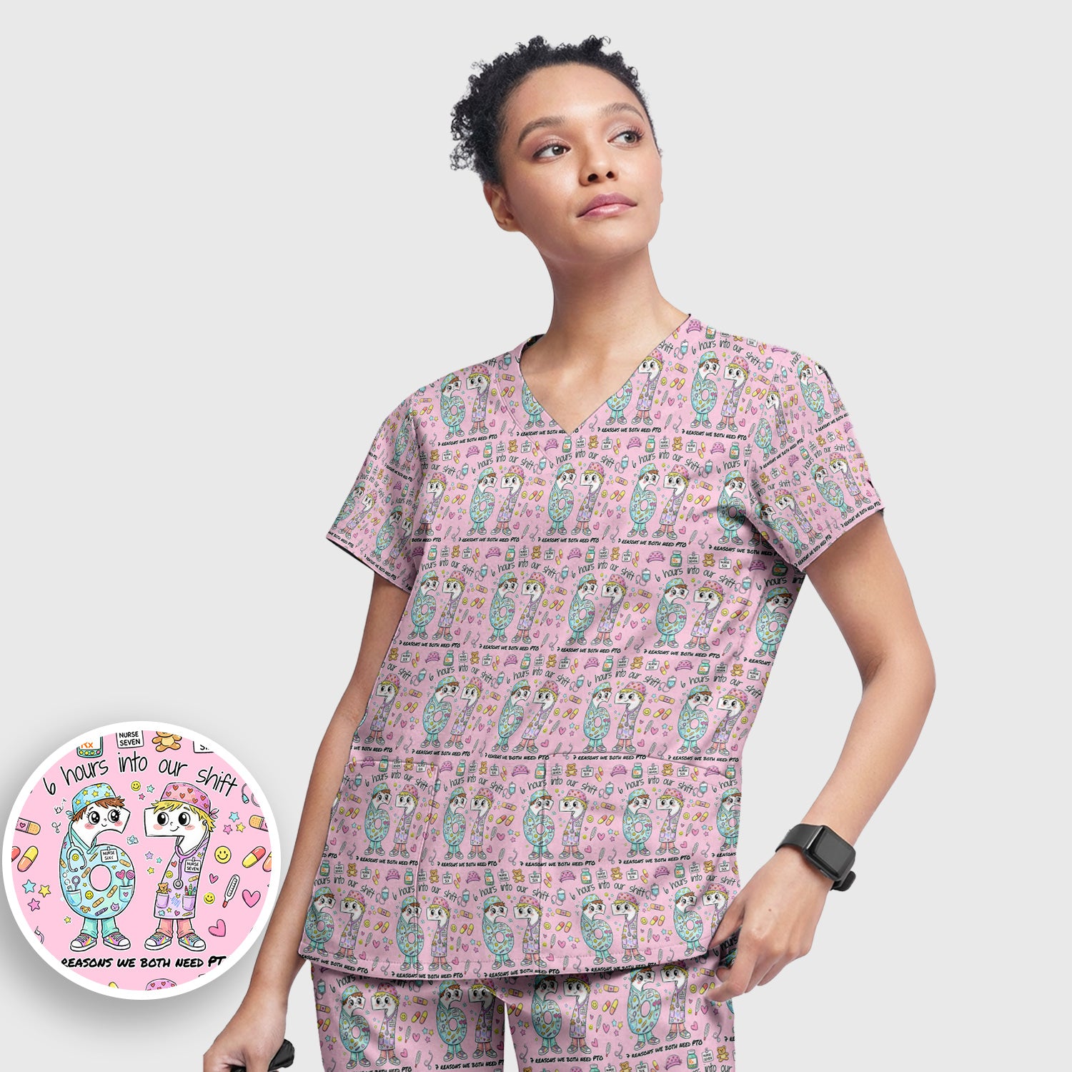 Cartoon Characters Six Hours Into Shift With Medical Doodle Scrub Set, Breathable Med Uniform