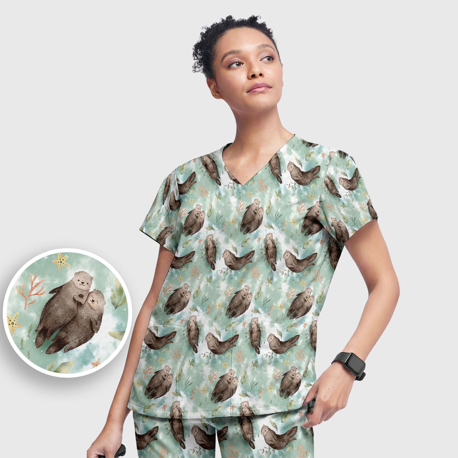Cute Sea Otter Watercolor Print Scrub Set, Scrub Pants and V Neck Top