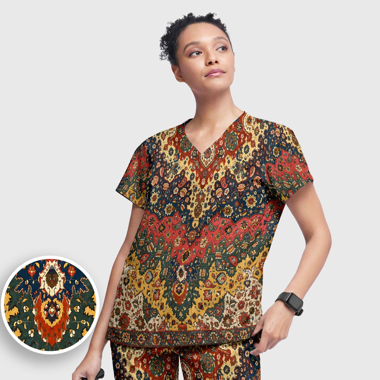 Vintage Persian Rug Floral Pattern Scrub Set, Scrub Pants and V Neck Top