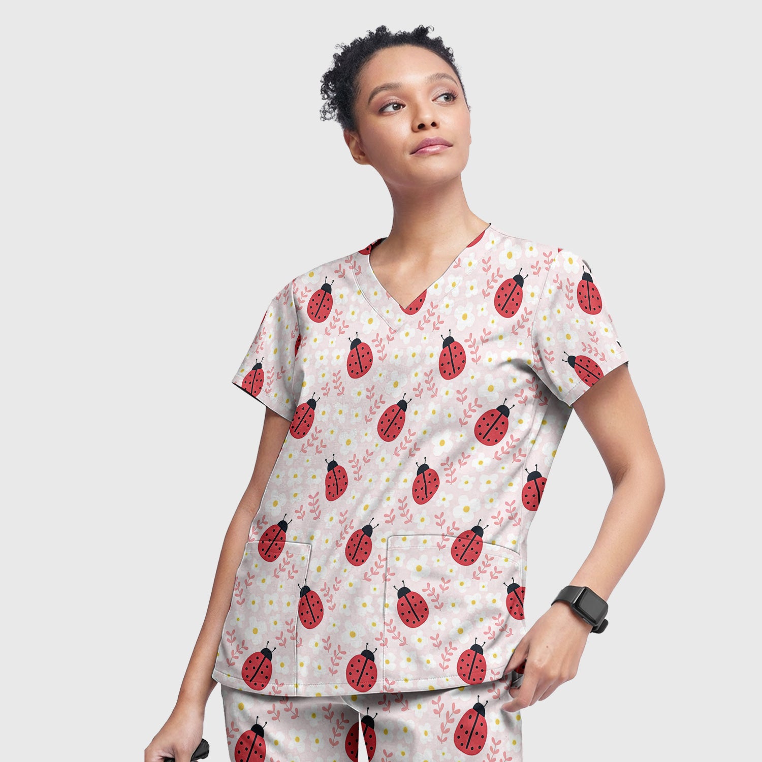 Lovely Ladybug Blossom Garden Print Scrub Set, Women's Scrub Sets