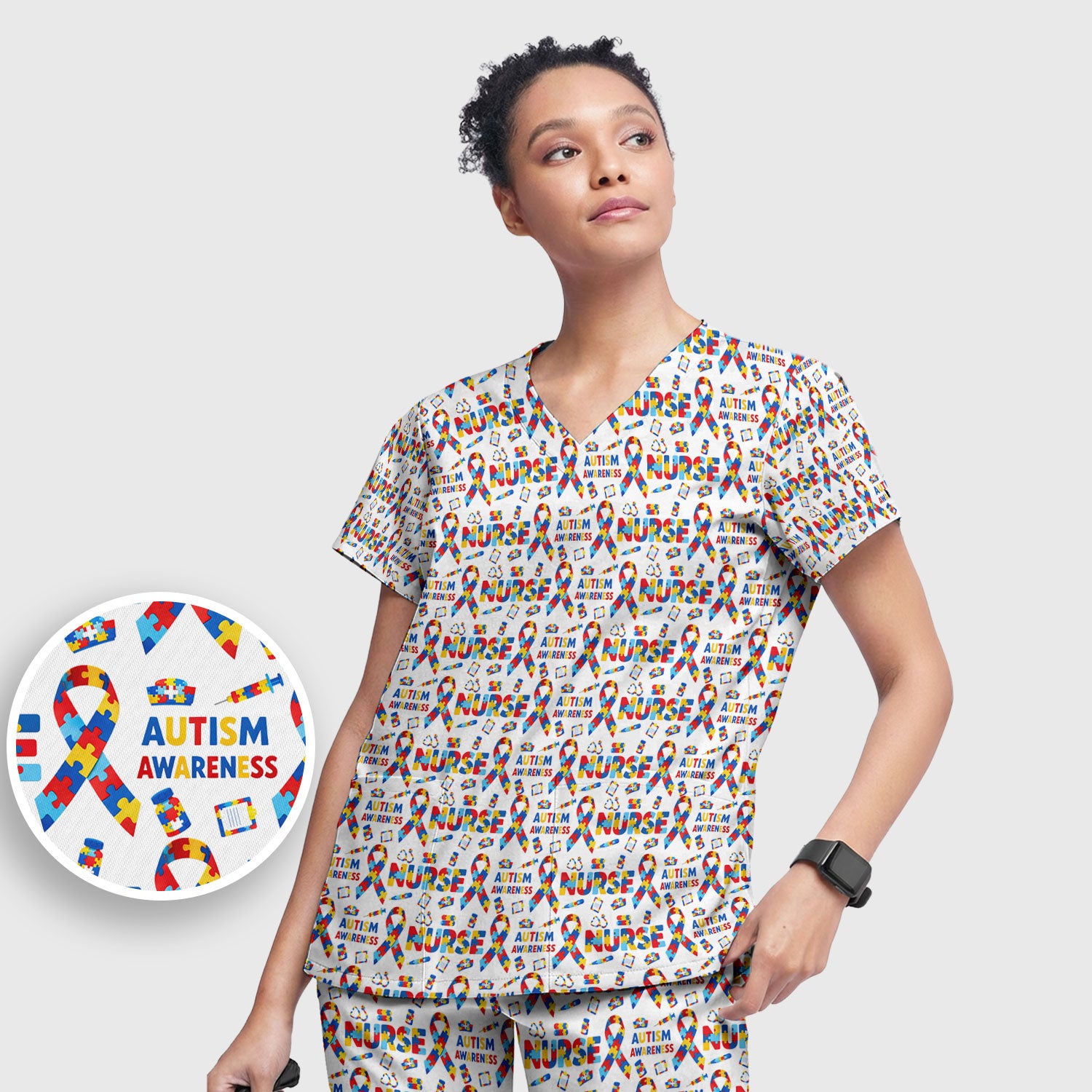 Autism Awareness Nurse Puzzle Ribbon Print Sets,  Breathable Med Uniform