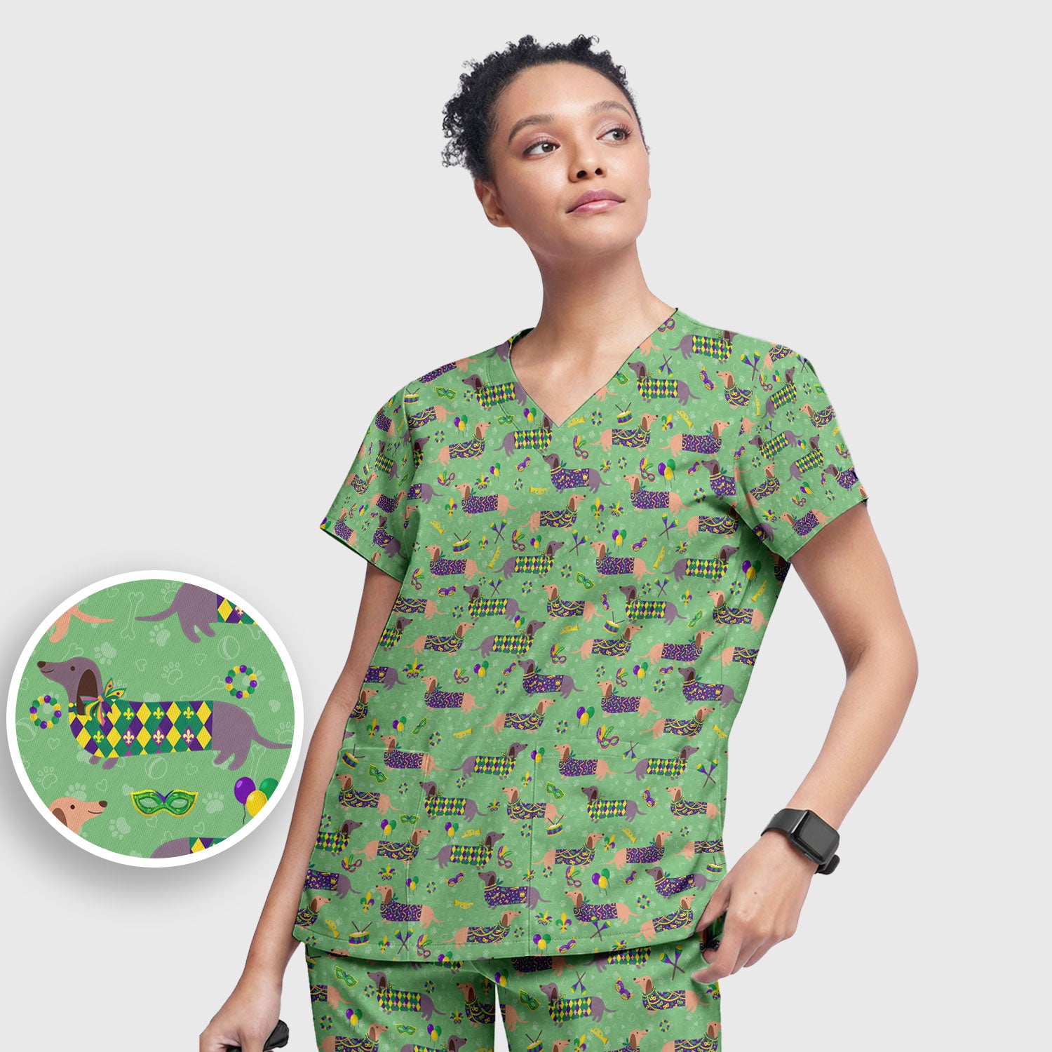 Mardi Gras Dachshund Nurse Scrub Set, Wiener Dog Holiday Pattern Nurses Shirt, Comfortable Uniform Scrubs For Nursing