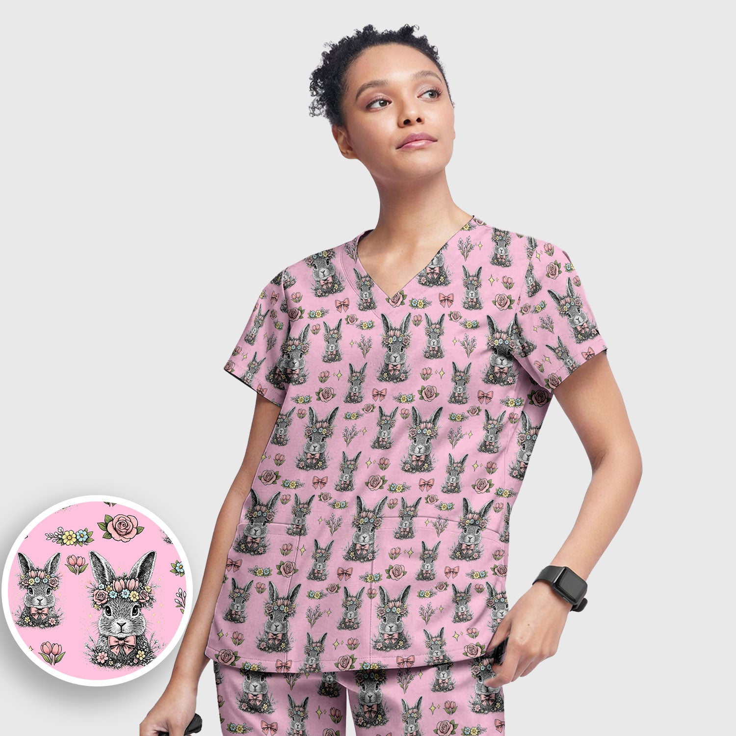 Vintage Floral Bunny Print Scrub Set, Scrub Pants and V Neck Top