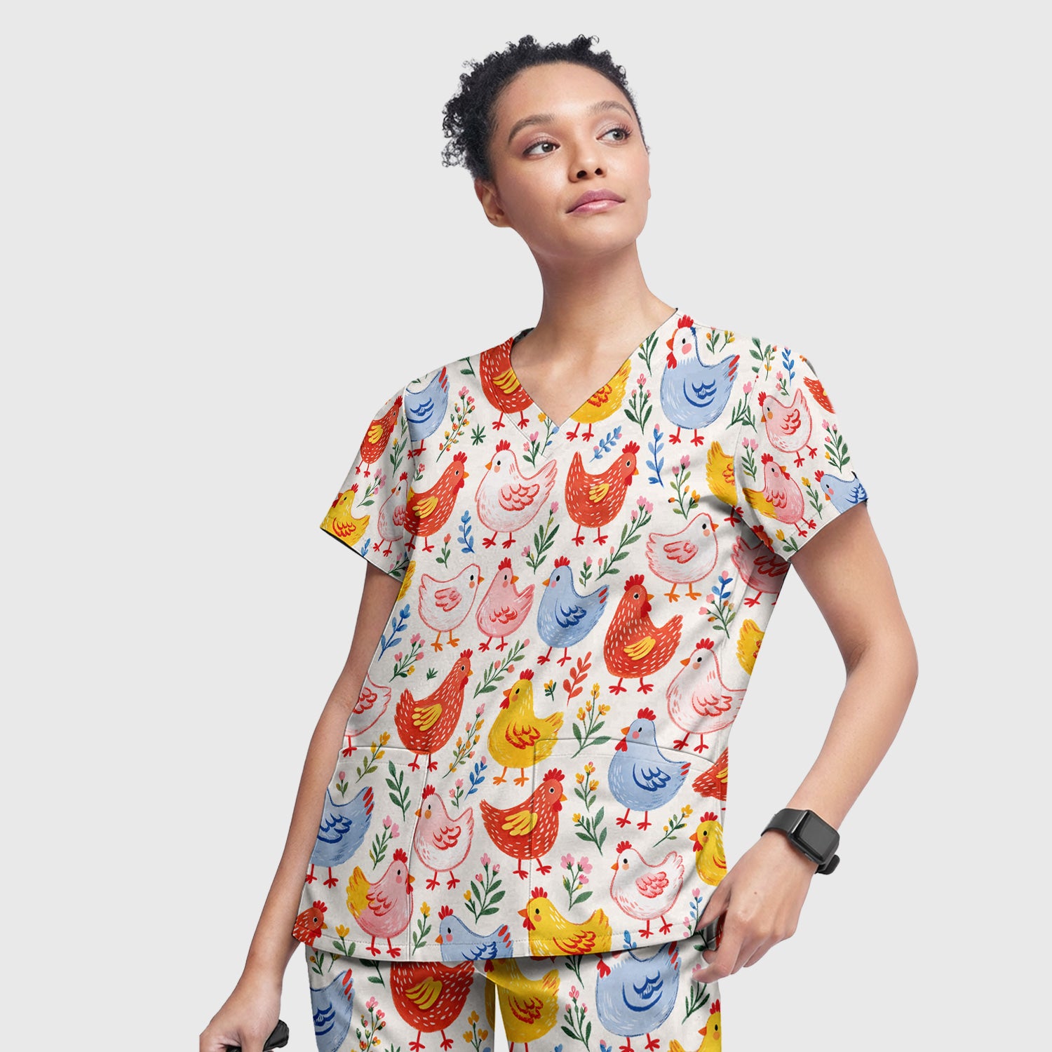 Fun Cartoon Hen Print Scrub Set, Scrub Pants and V Neck Top
