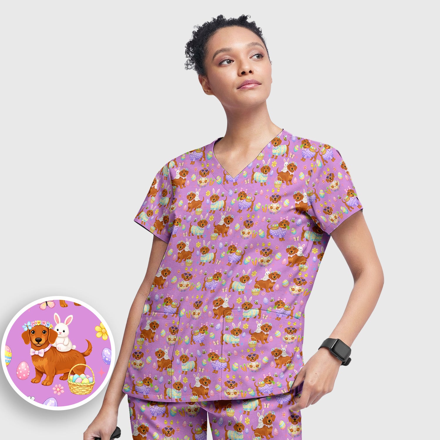 Cute Easter Dachshund Dog Pattern Scrub Set, Scrub Pants and V Neck Top