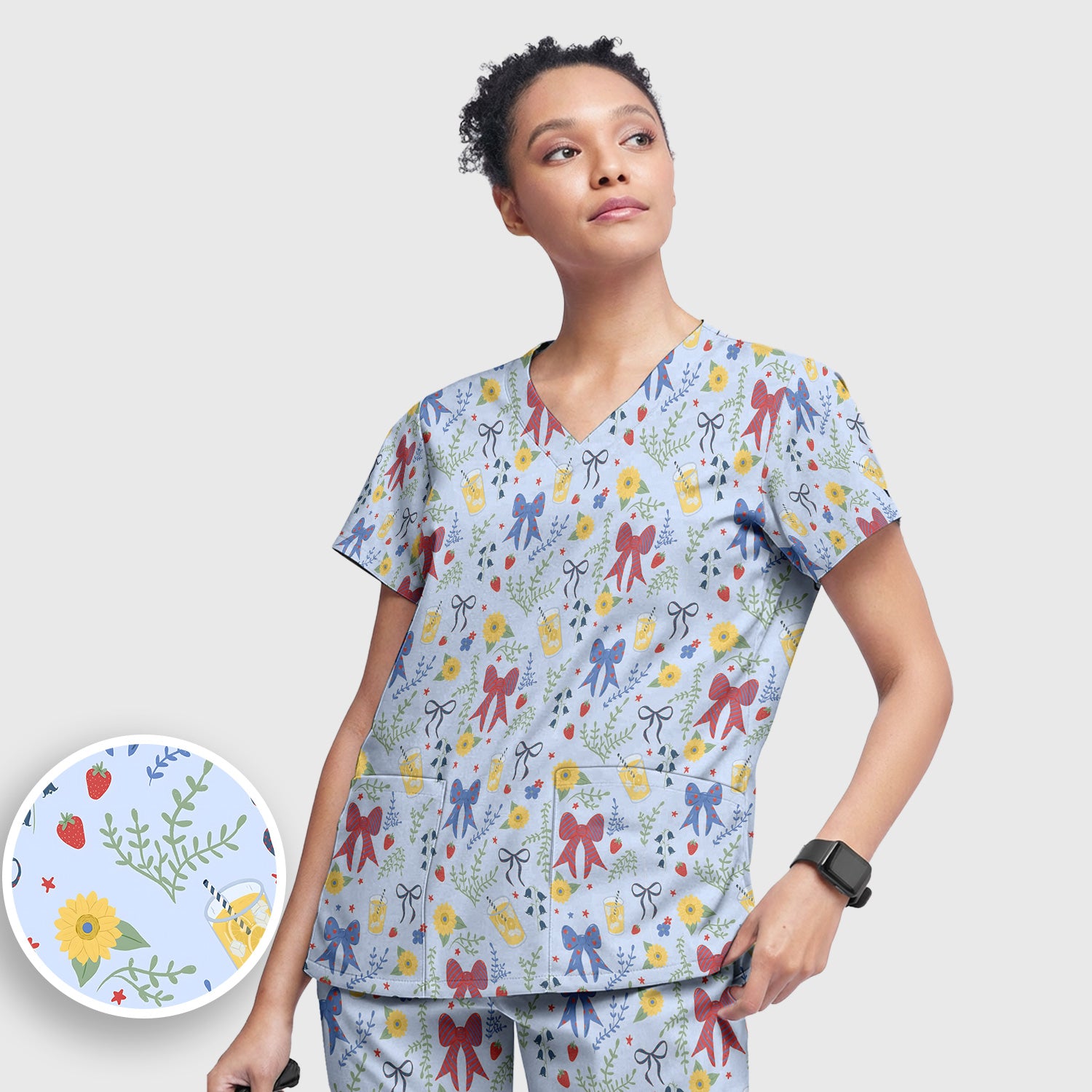 Sweet Summer Bow Nurse, Lemonade Floral Medical Scrub Set, Scrub Pants and V Neck Top