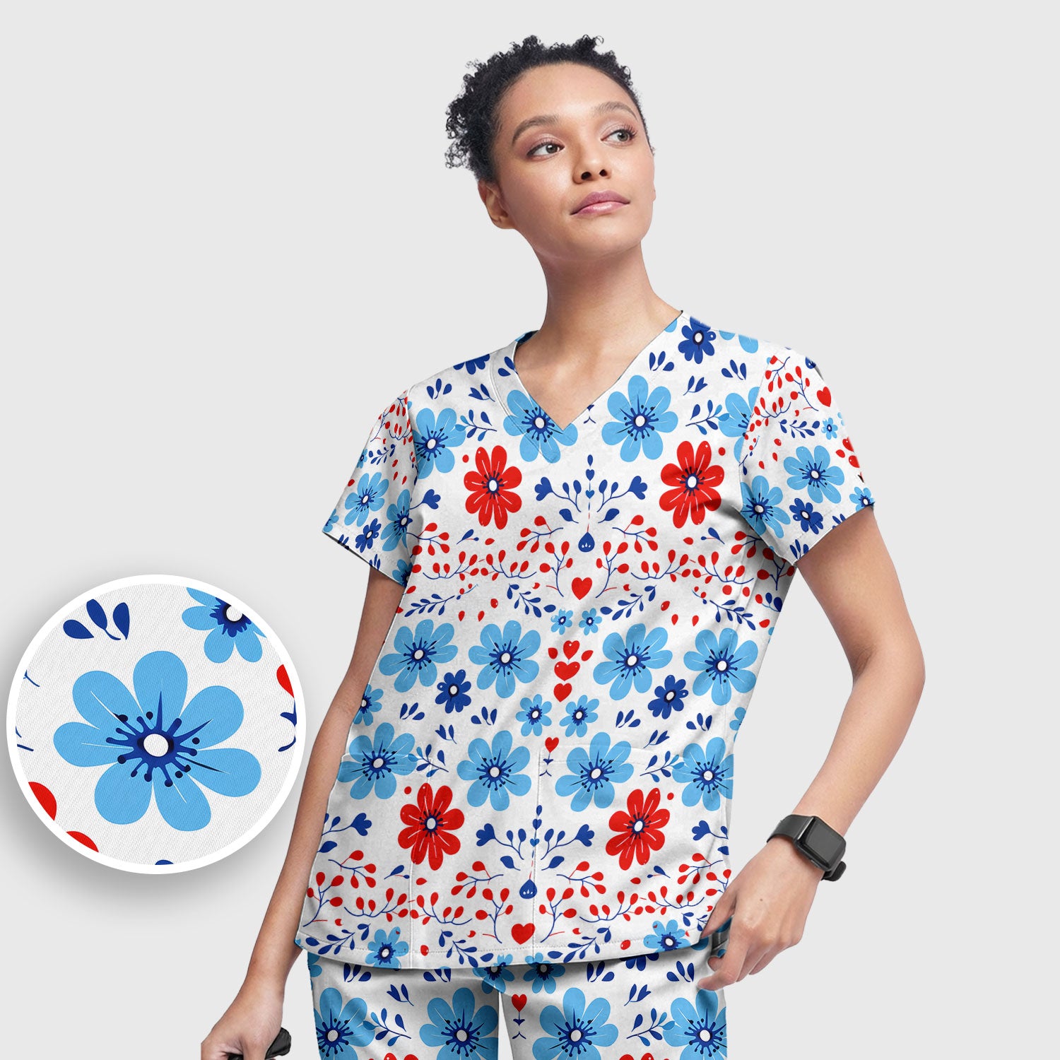 Symmetrical Folk Floral Heart Pattern Scrub Set, Scrub Pants and V Neck Top