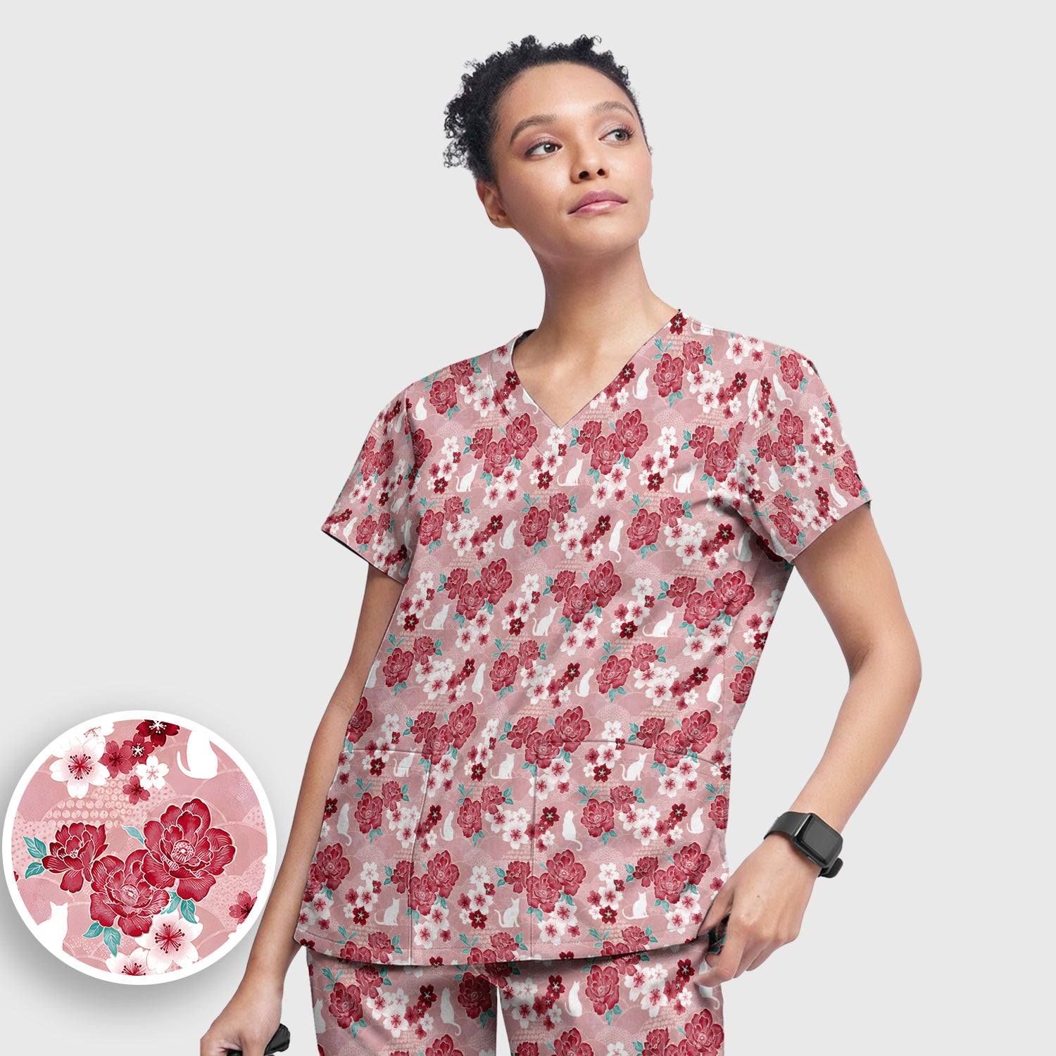 Floral White Cat Nurse Scrub Set, Scrub Pants and V Neck Top