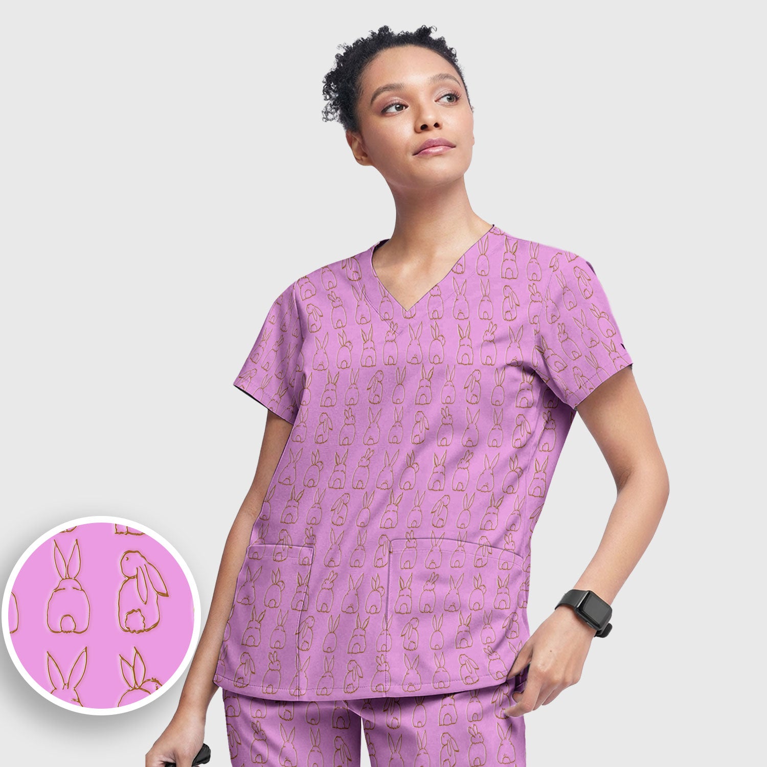 Cartoon Bunny Line Art Pattern Medical Scrub Set, Breathable Med Uniform