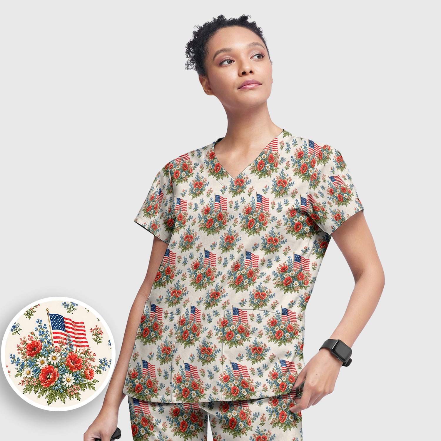 Patriotic Floral With USA Flag Pattern Scrub Set, Scrub Pants and V Neck Top