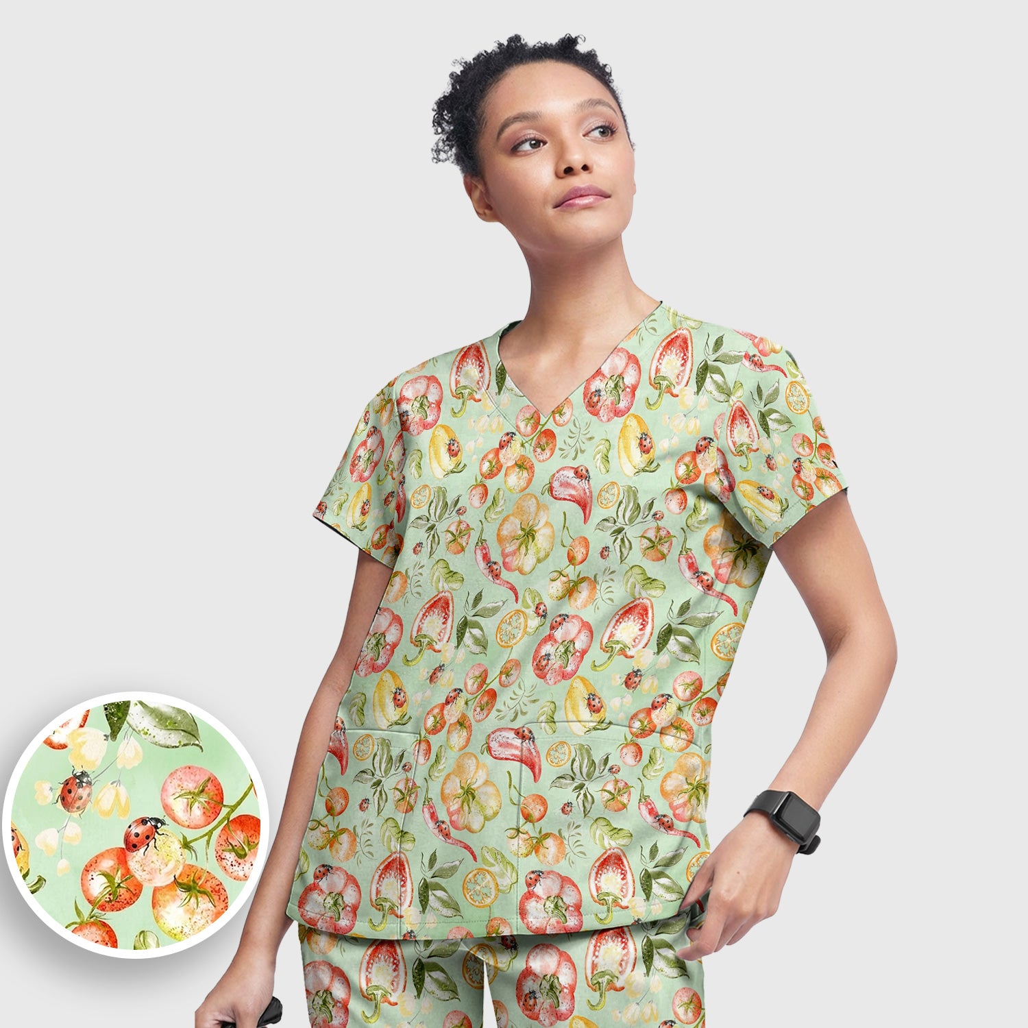 Cute Watercolor Veggie Ladybug Pattern Scrub Set, Scrub Pants and V Neck Top
