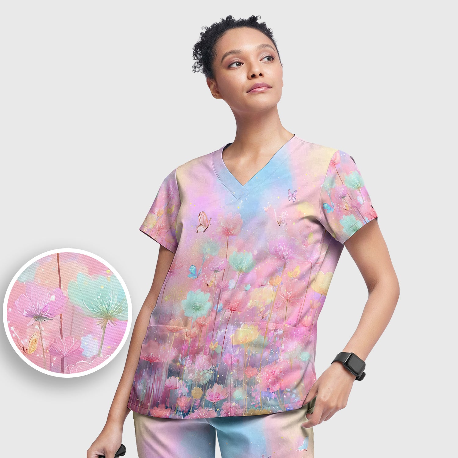 Dreamy Pastel Watercolor Floral Garden Scrub Set, Scrub Pants and V Neck Top