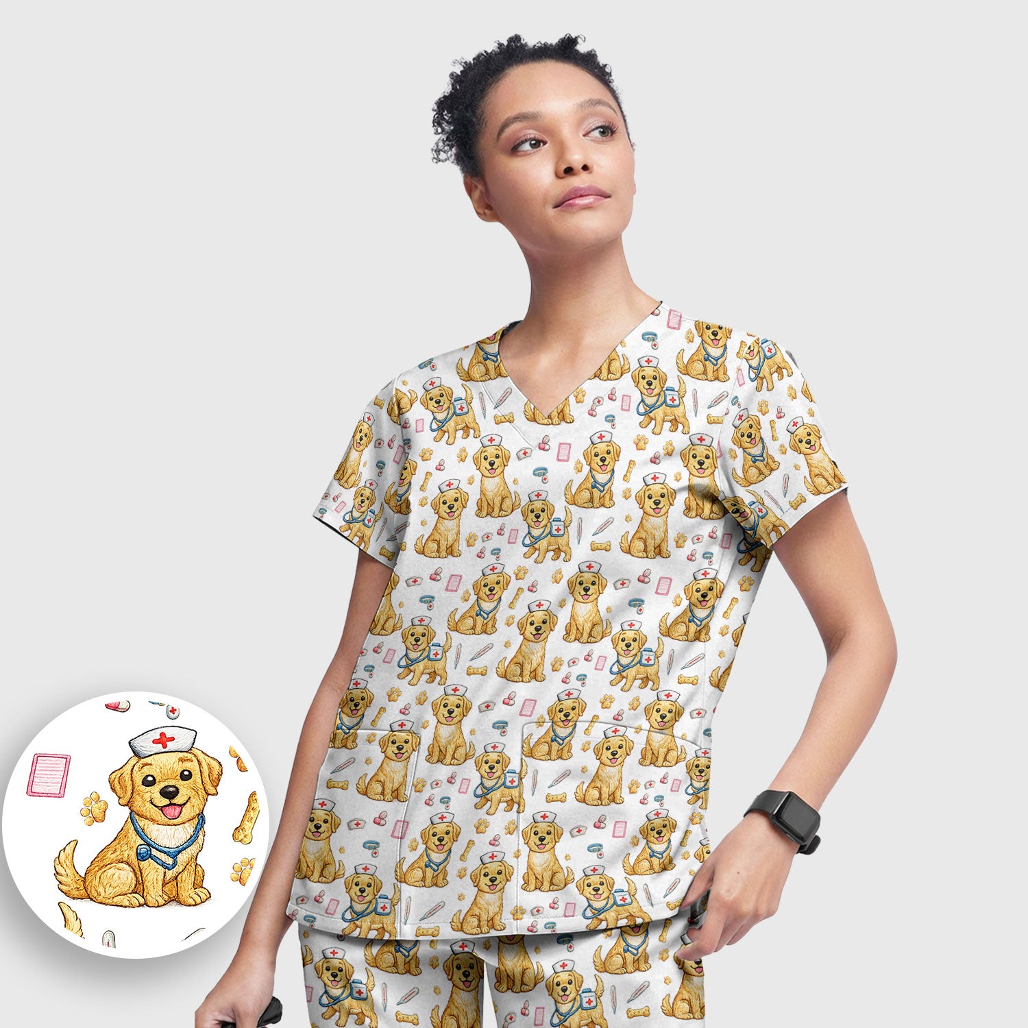 Cute Puppy Nurse Medical Print Women’s Scrub Set, Scrub Pants and V Neck Top