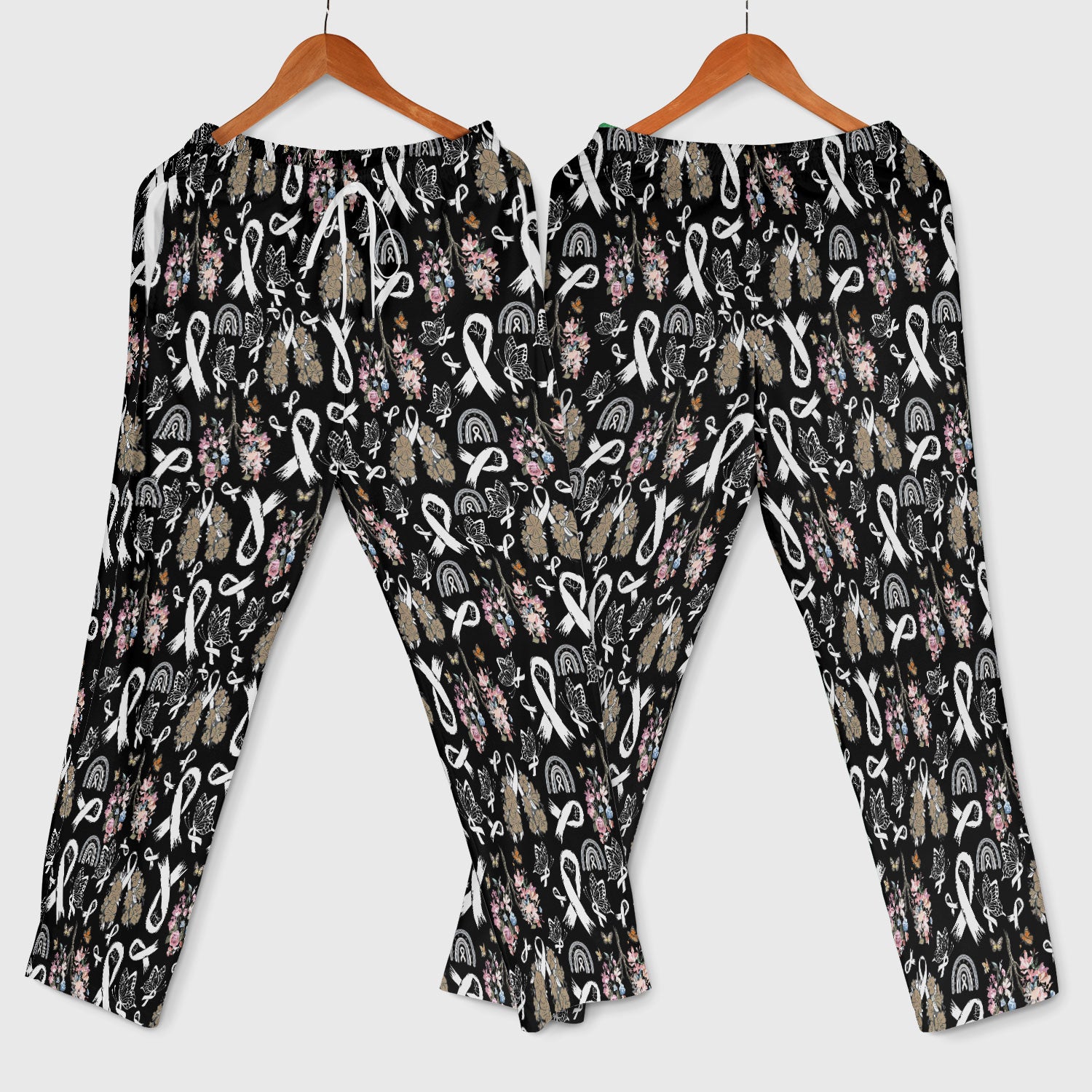 Lung Cancer Awareness Scrub Sets for Nurse - White Ribbon Butterfly Floral Scrub Pants and V Neck Top - Breathable Med Uniform for Women
