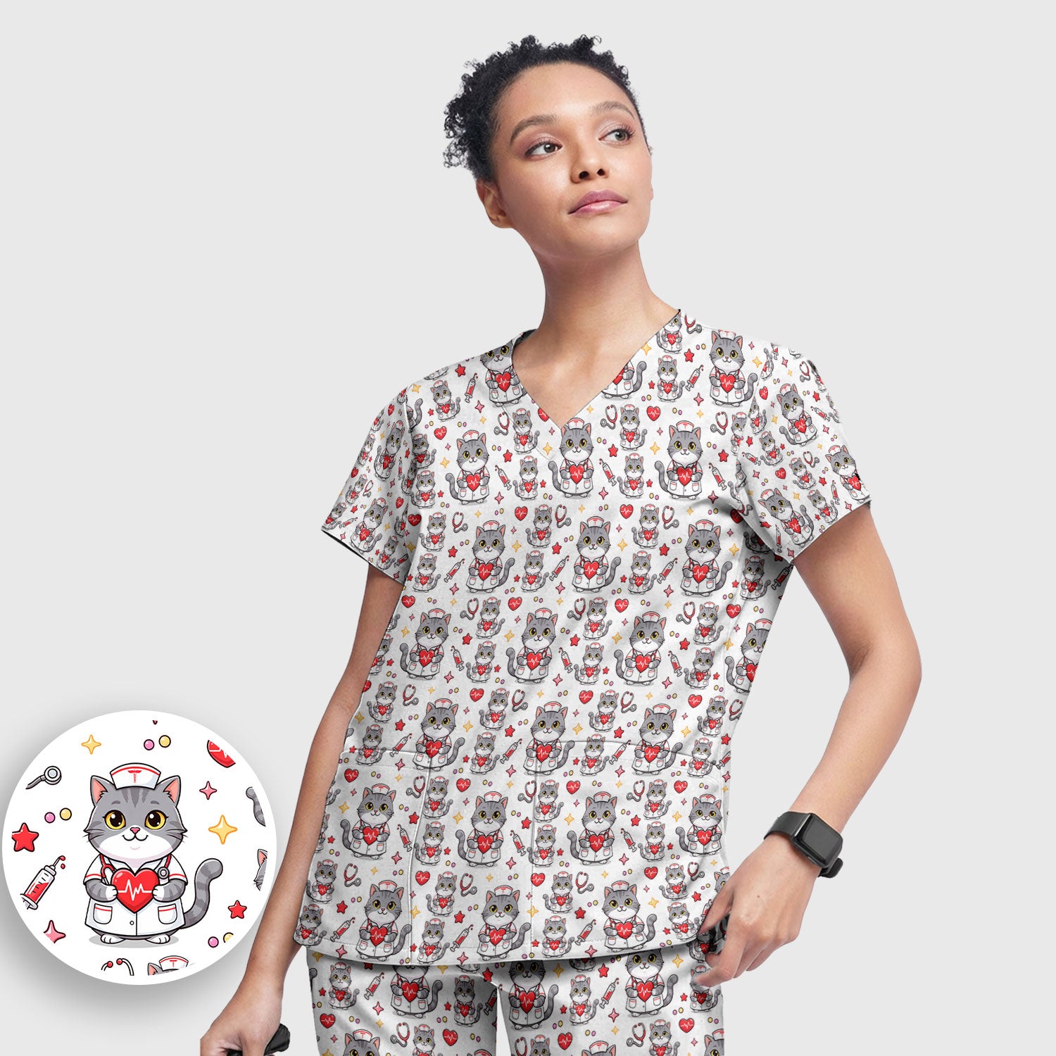 Cute Nurse Cat Heart Medical Print Scrub Set, Scrub Pants and V Neck Top