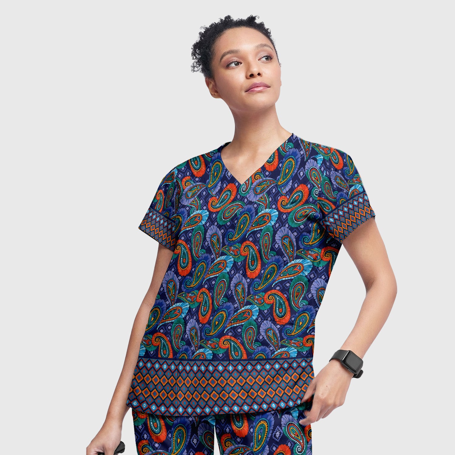 Colorful Paisley Geometric Border Pattern Scrub Set, Scrub Pants and V Neck Top