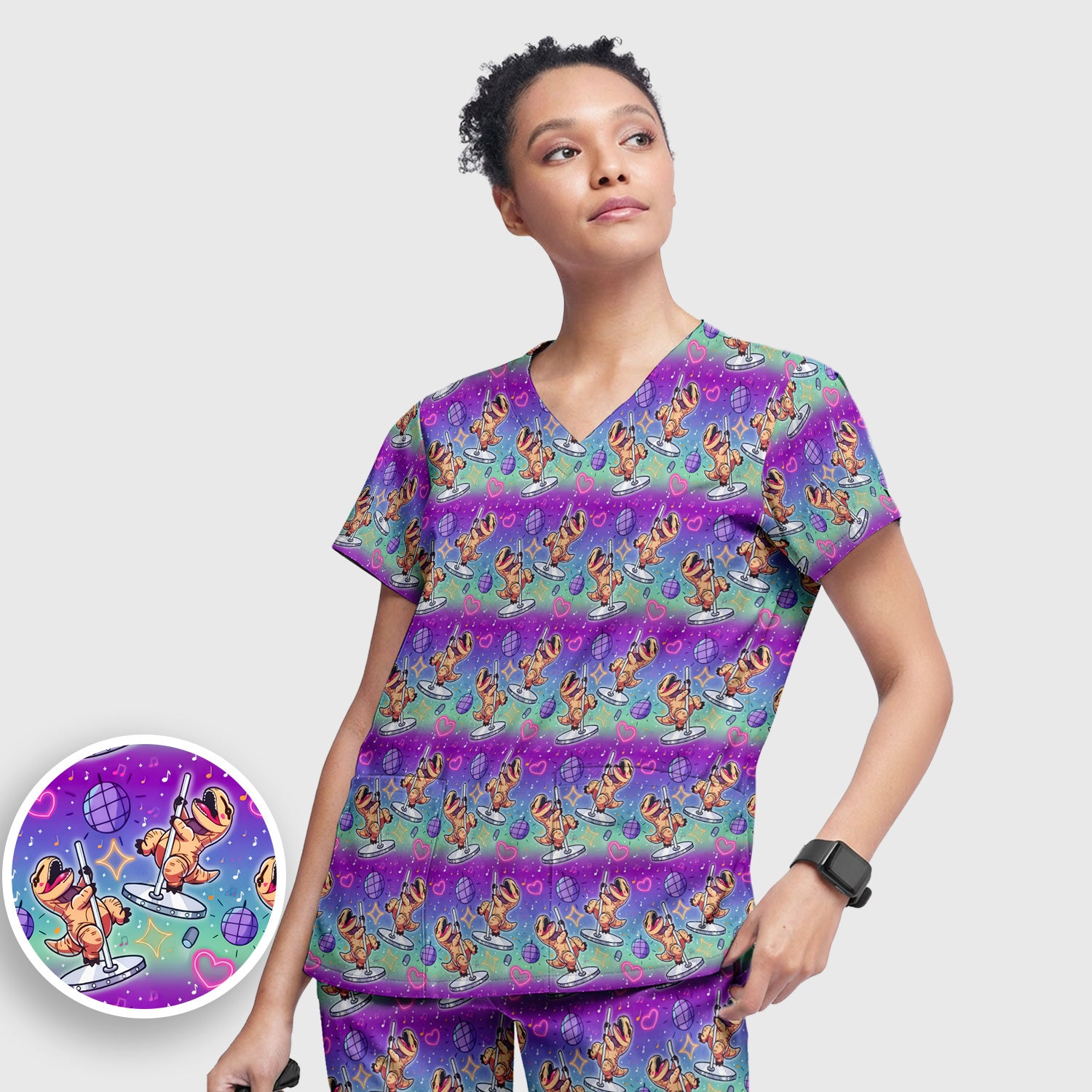 Funny Dancing Dinosaur Disco Party Pattern Nurse Scrub Set, Scrub Pants and V Neck Top