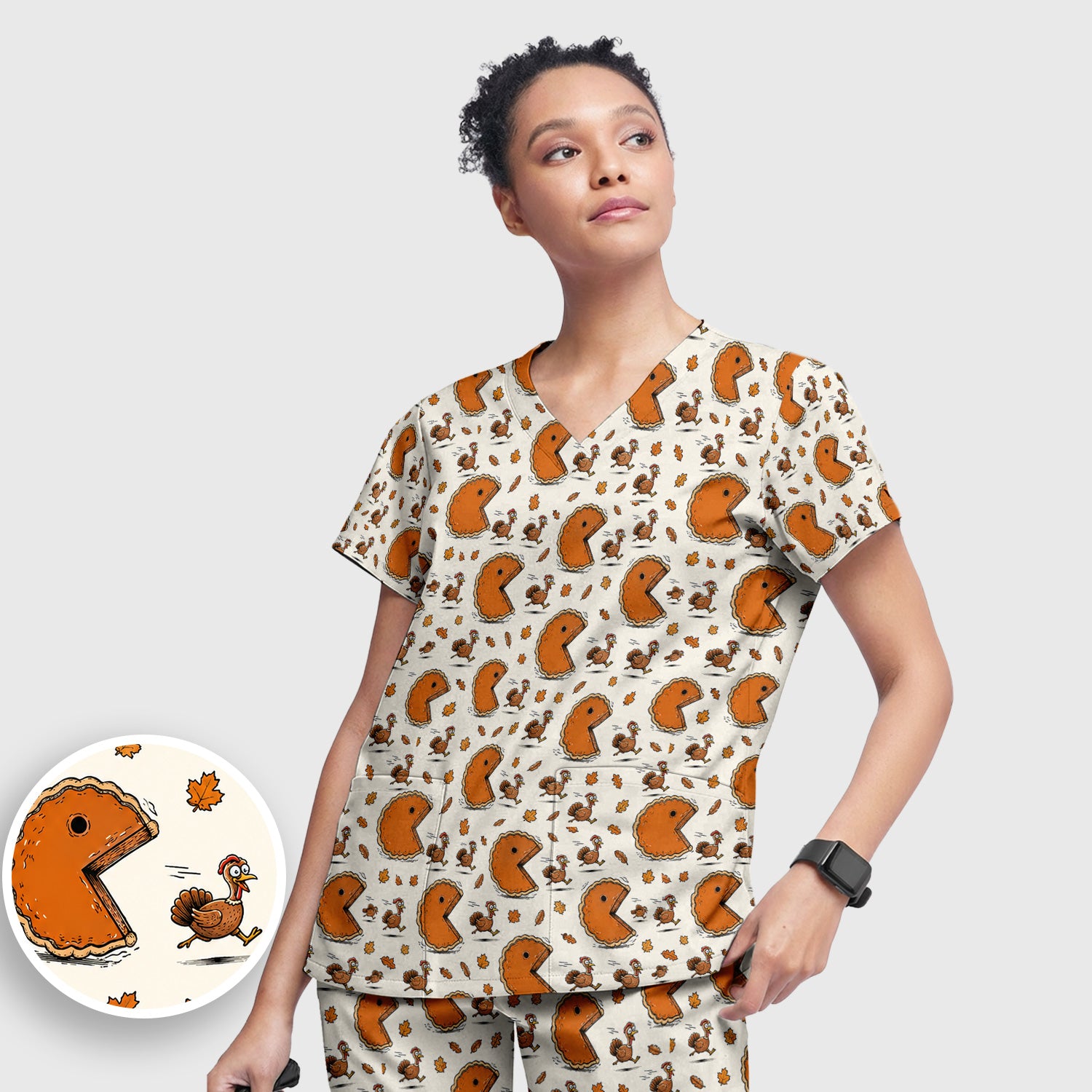 Thanksgiving Pie Chasing Turkey Scrub Set, Scrub Pants and V Neck Top