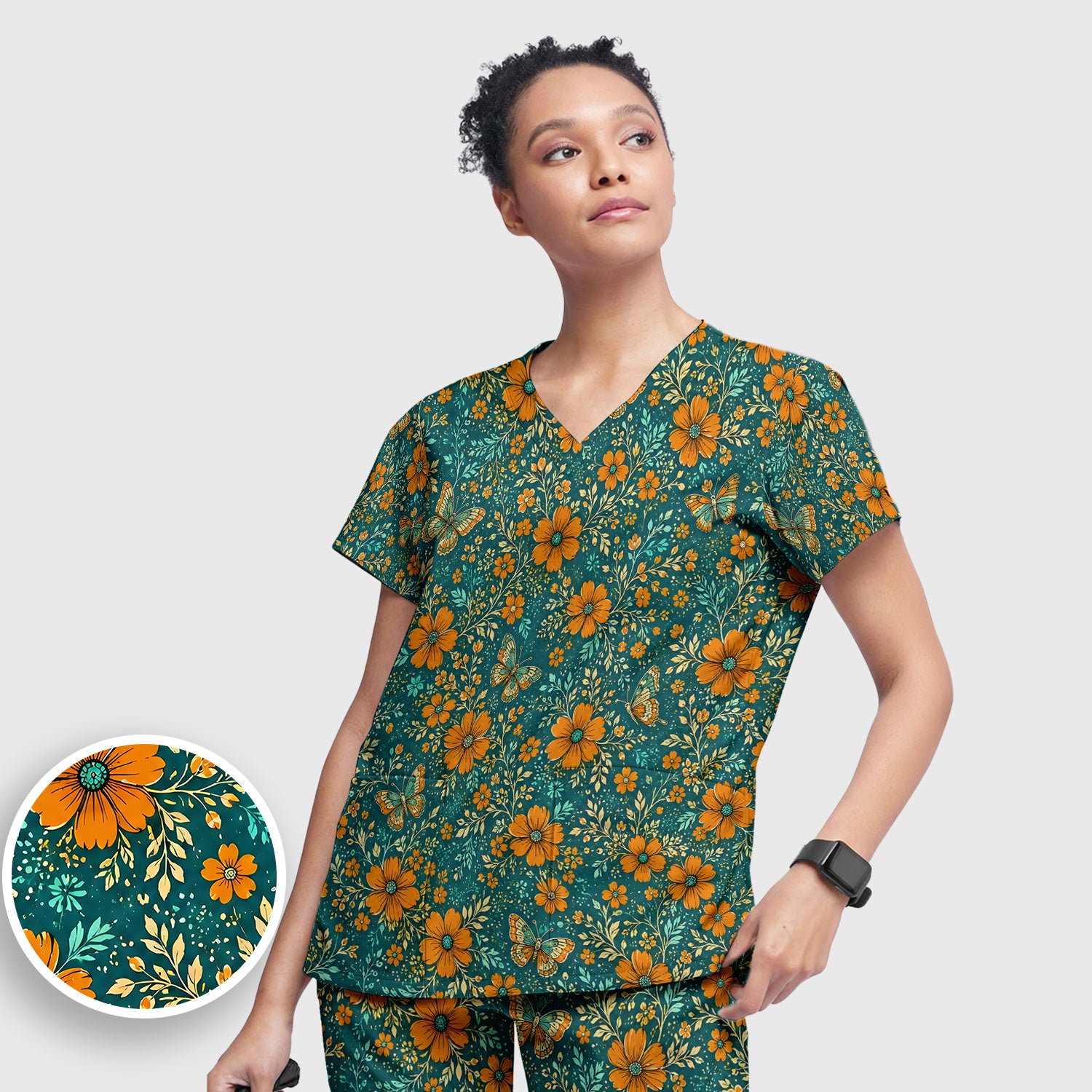 Orange Floral Butterfly Vine Pattern Scrub Set, Scrub Pants and V Neck Top