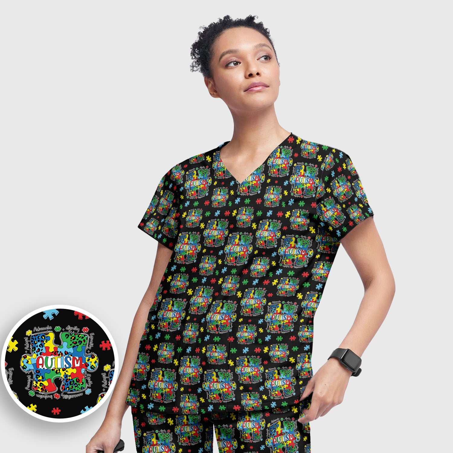 Autism Awareness Puzzle Pattern Scrub Set, Scrub Pants and V Neck Top