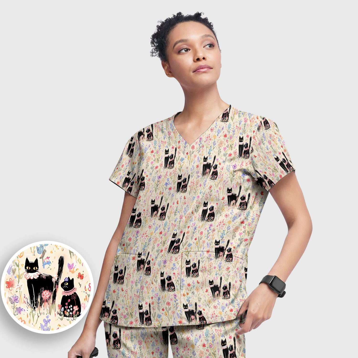 Cute Black Cats Wildflower Garden Pattern Scrub Set, Scrub Pants and V Neck Top