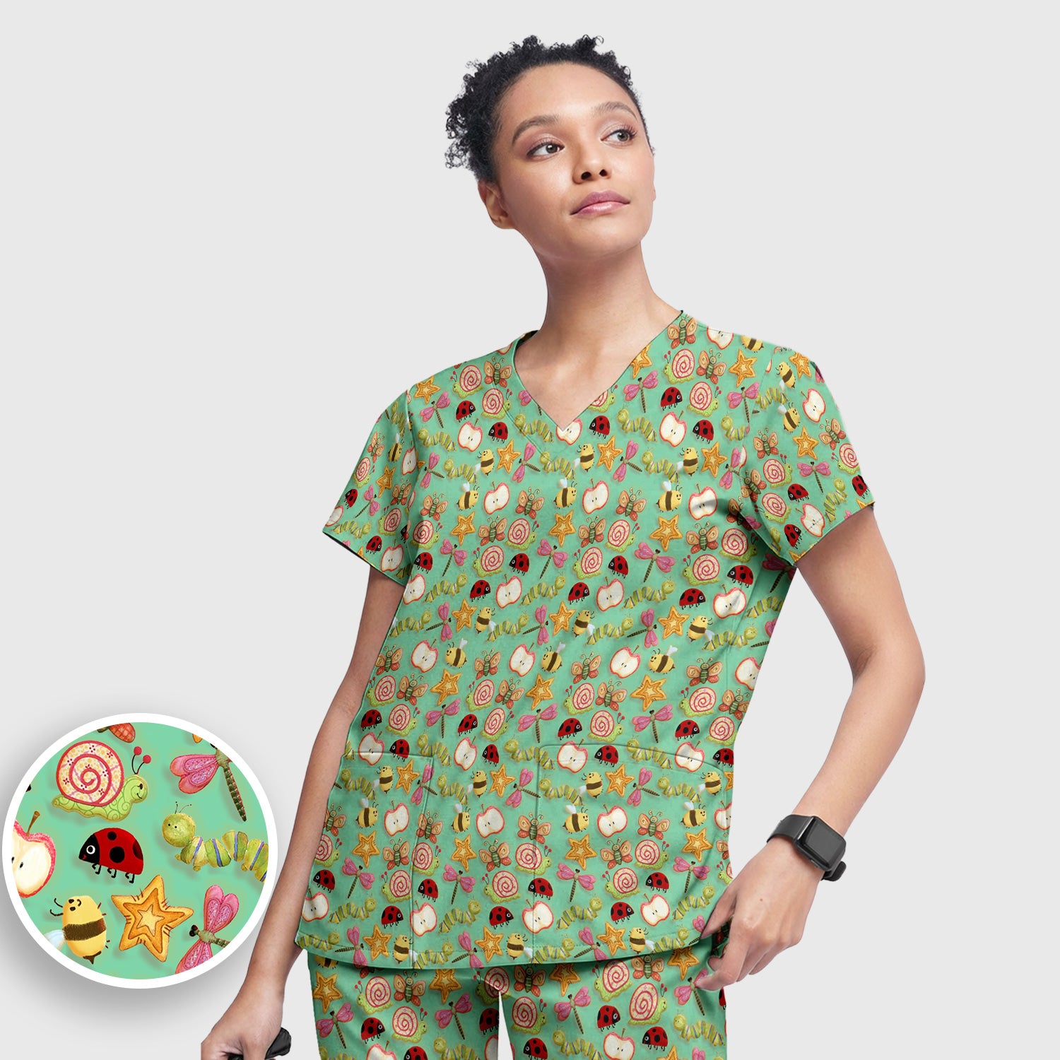 Cute Nurse Snail Ladybug Caterpillar Apple Garden Pattern Scrub Set, Breathable Med Uniform