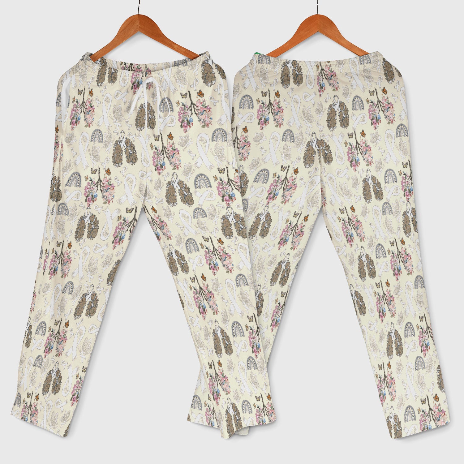 Lung Cancer Awareness Scrub Sets for Women - White Ribbon Butterfly Floral Scrub Pants and V Neck Top - Comfortable Med Uniform for Her