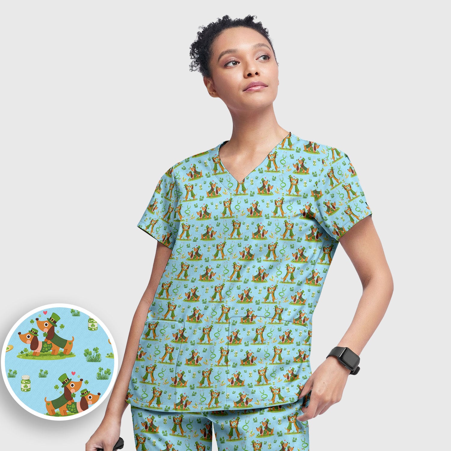 Valentine Cute Dachshund Nurse Set, Dog Heart Pattern, Breathable Nursing Uniform