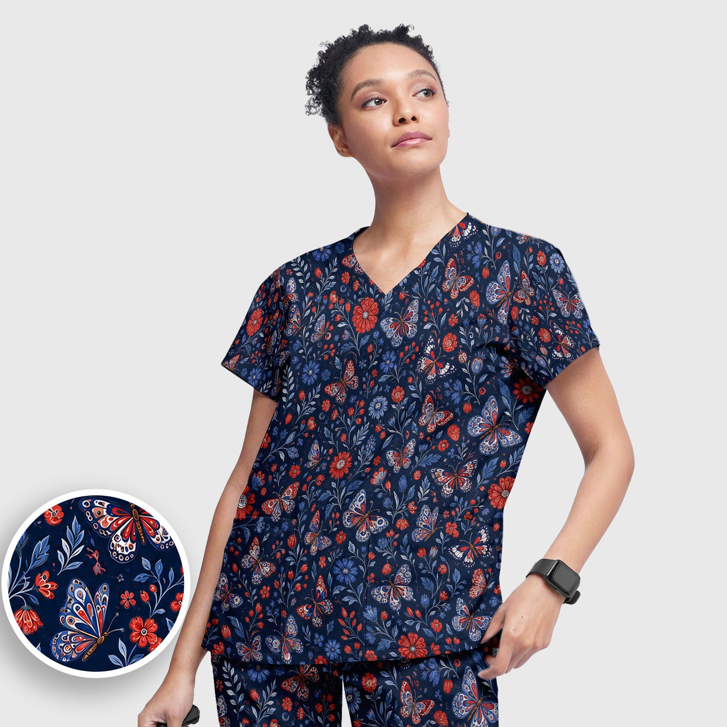 Patriotic Floral Butterfly Pattern Scrub Set, Scrub Pants and V Neck Top