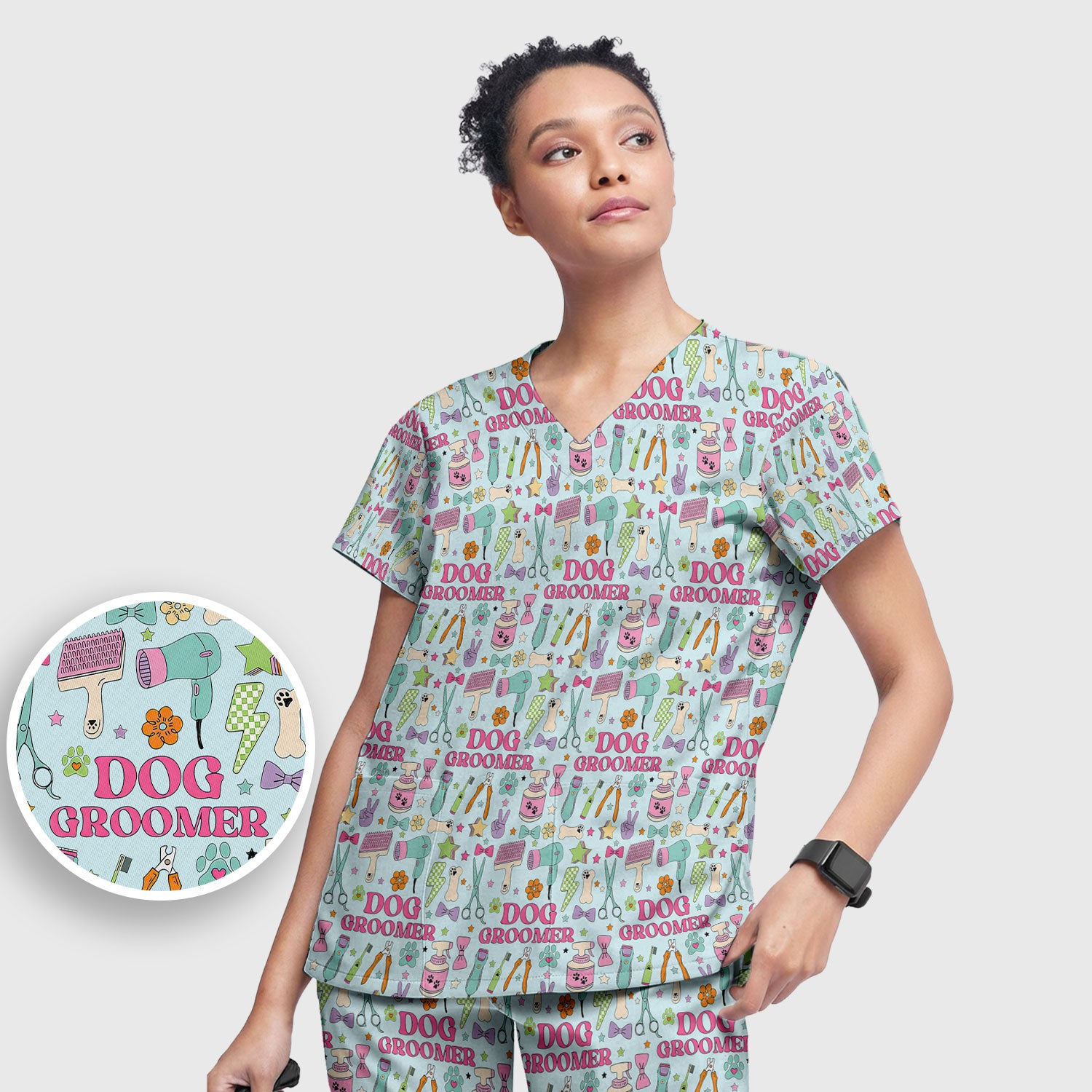 Dog Groomer Tools Pattern Women's Scrub Set, Scrub Pants and V Neck Top