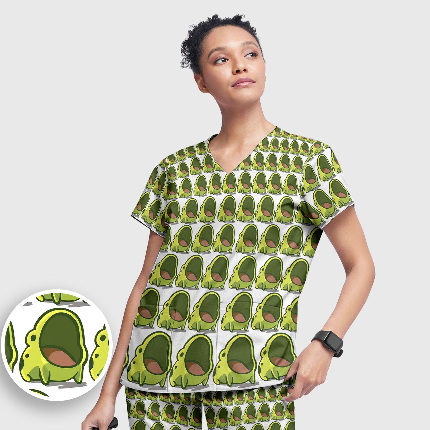 Cute Green Frog Cartoon Print Scrub Set, Scrub Pants and V Neck Top