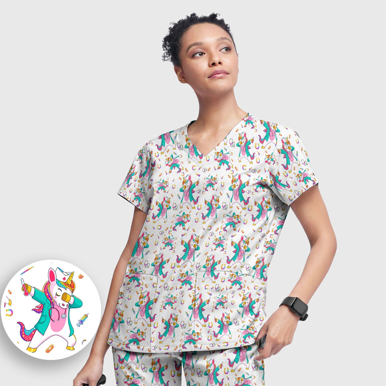 Cute Unicorn Nurse Dance Pattern Women's Sets, Scrub Pants and V Neck Top