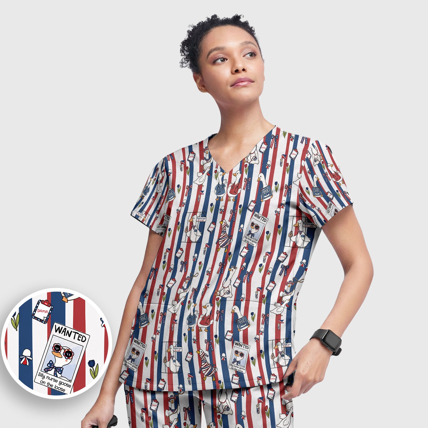 Funny Patriotic Goose Nurse Pattern Scrub Set, Scrub Pants and V Neck Top