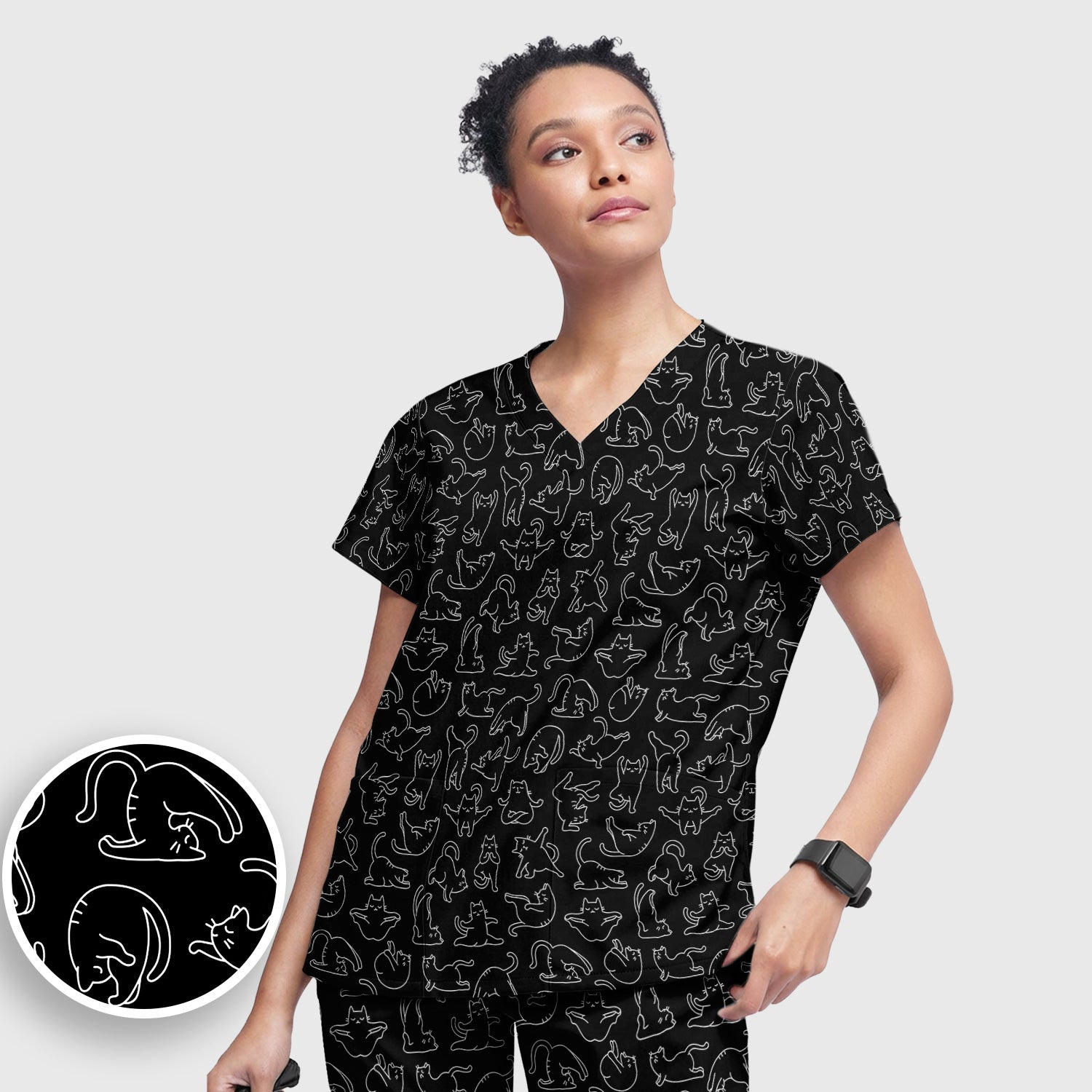 Cute Cat Outline Playing Pattern Scrub Set, Scrub Pants and V Neck Top