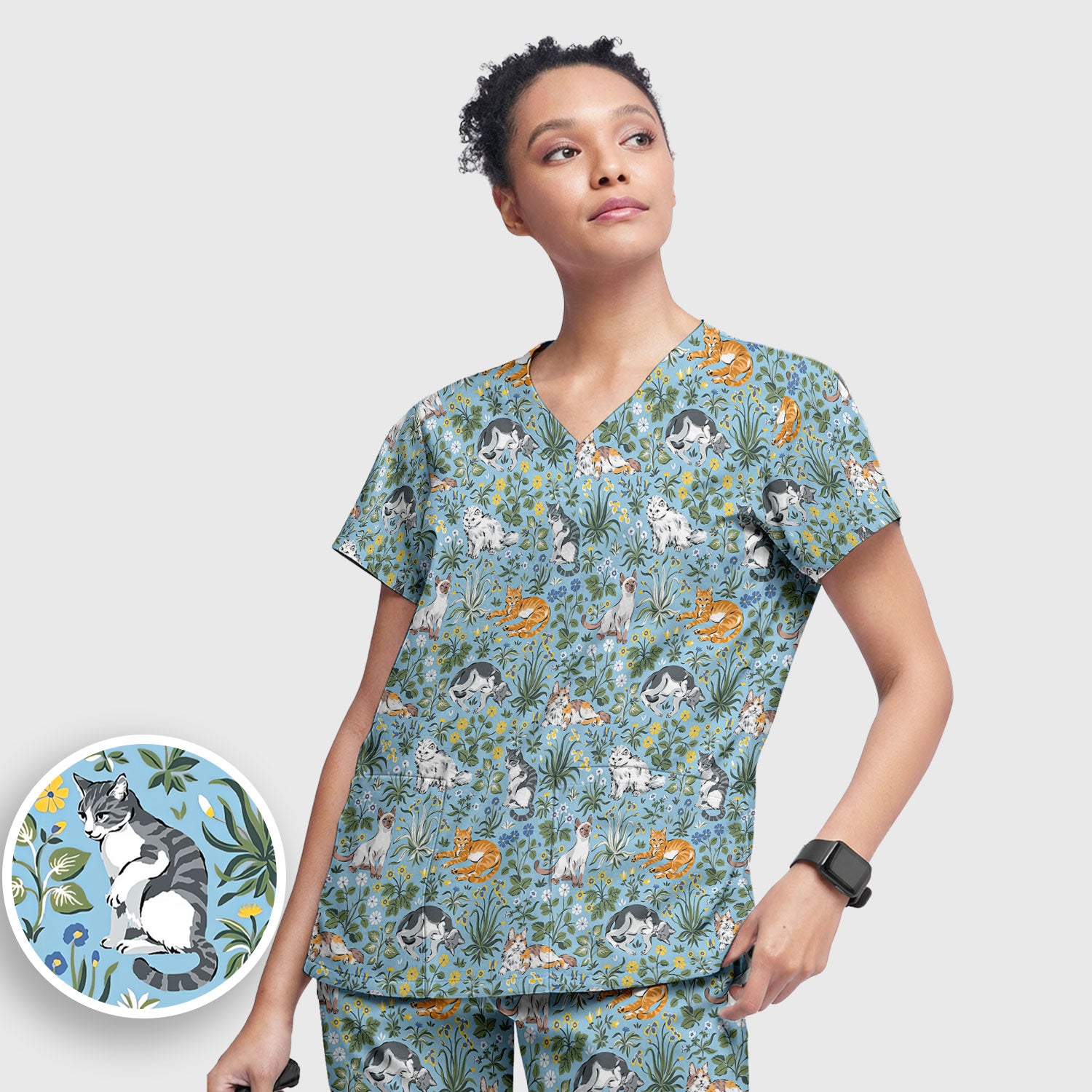 Floral Cat Garden Medical Pattern Scrub Set, Women's Scrub Sets