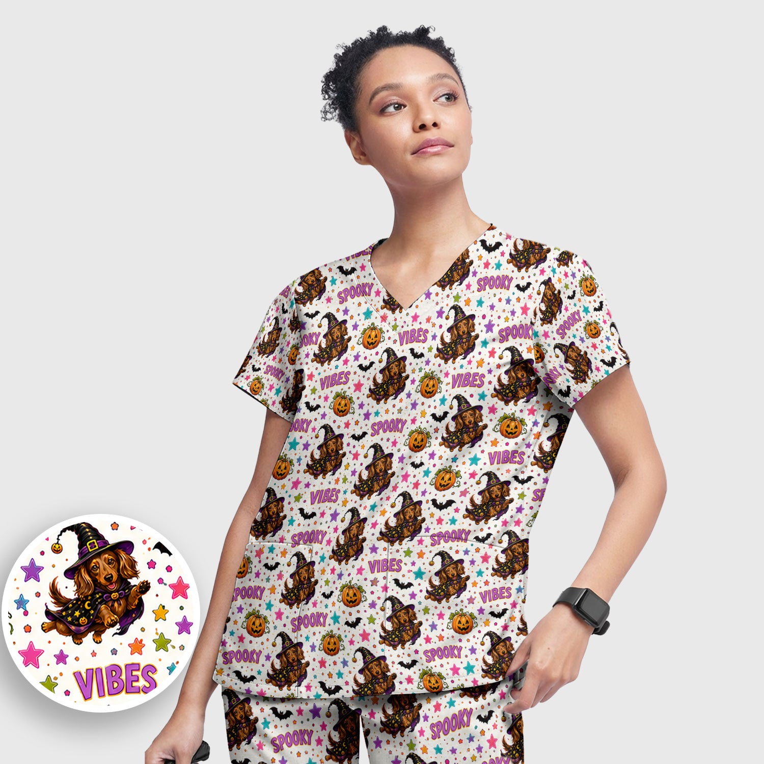 Spooky Dachshund Vibes Print Scrub Set, Scrub Pants and V Neck Top
