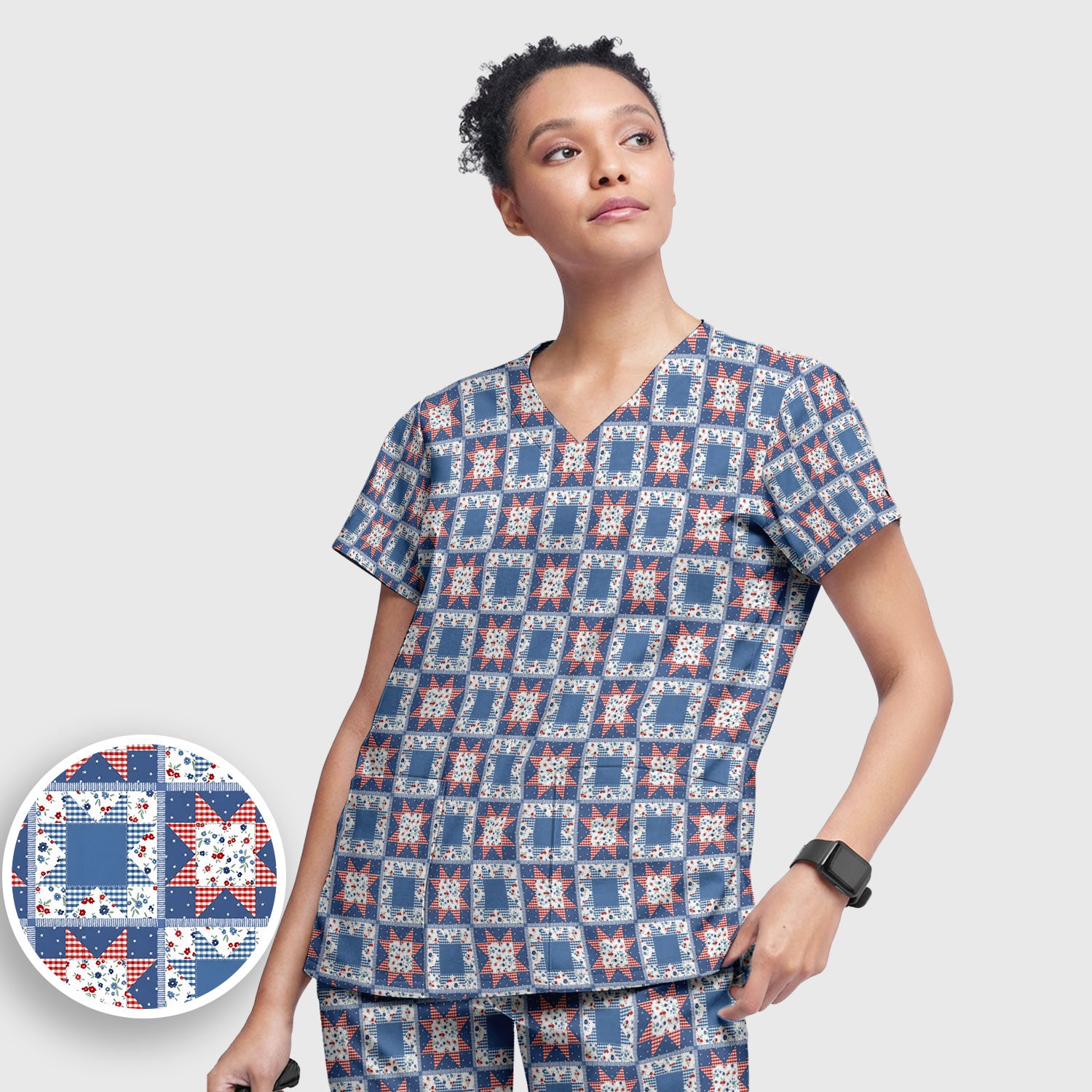 Vintage Patchwork Star Quilt Pattern Scrub Set, Scrub Pants and V Neck Top