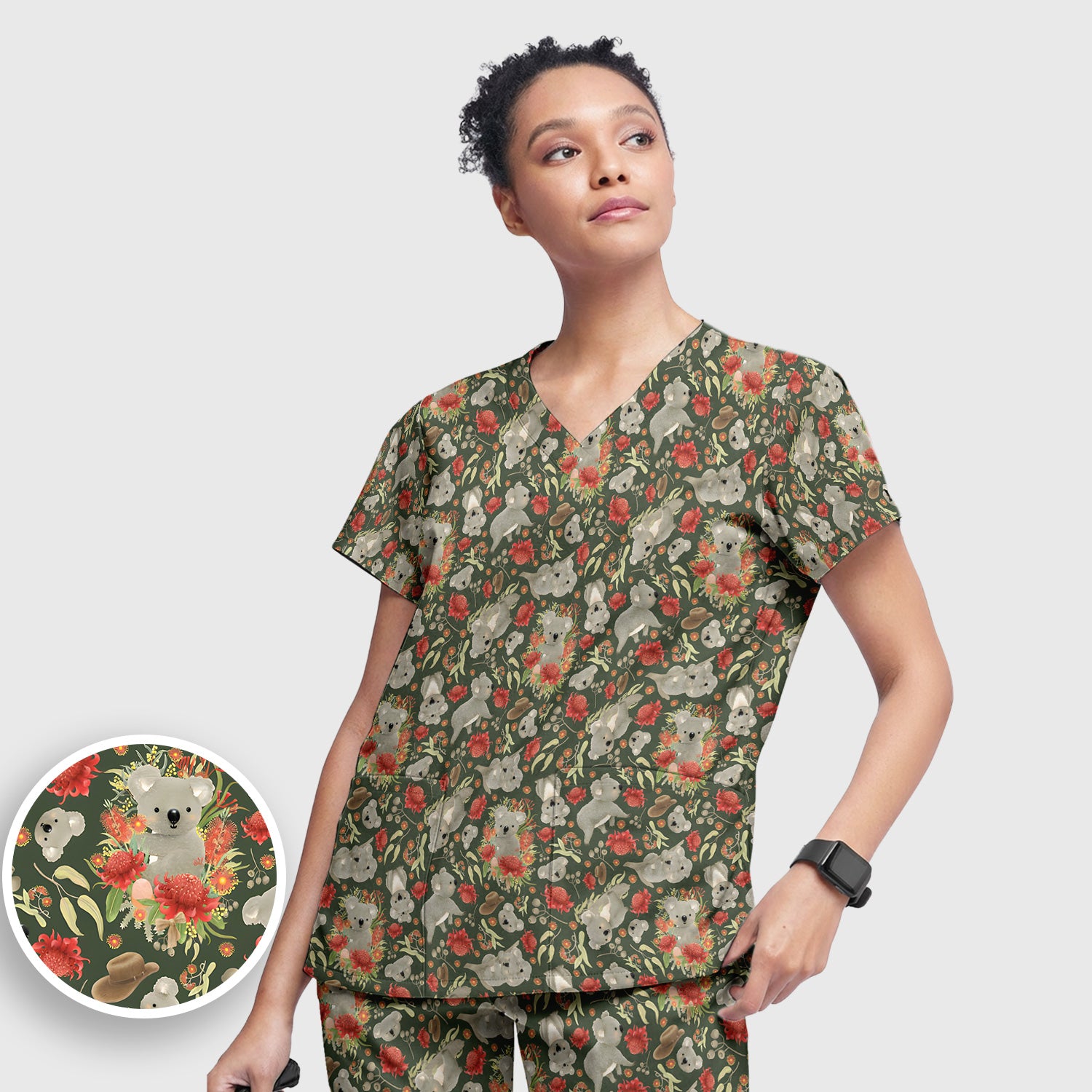 Cute Koala Wildflower Pattern Scrub Set, Scrub Pants and V Neck Top