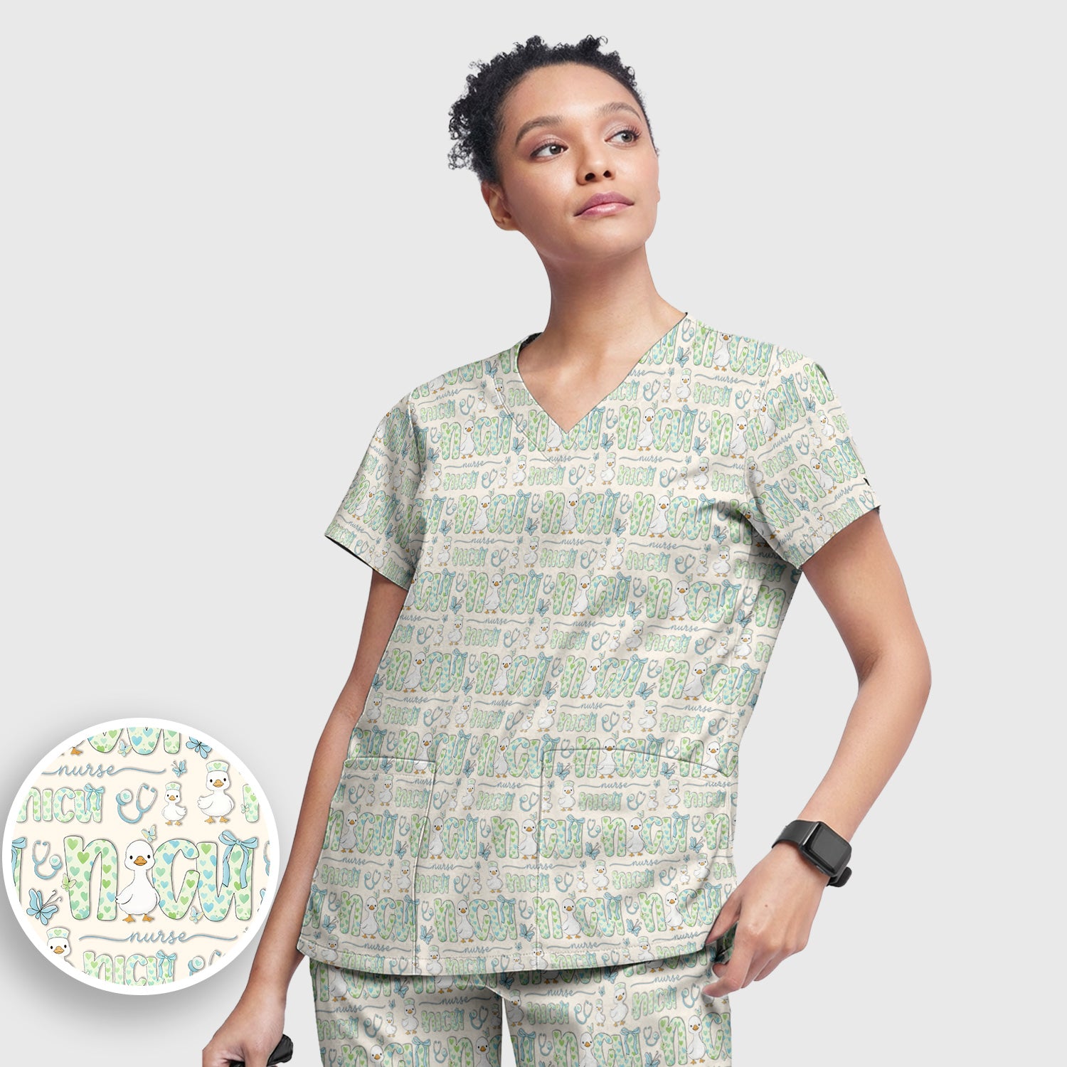 NICU Nurse Duck Pattern Scrub Set, Scrub Pants and V Neck Top