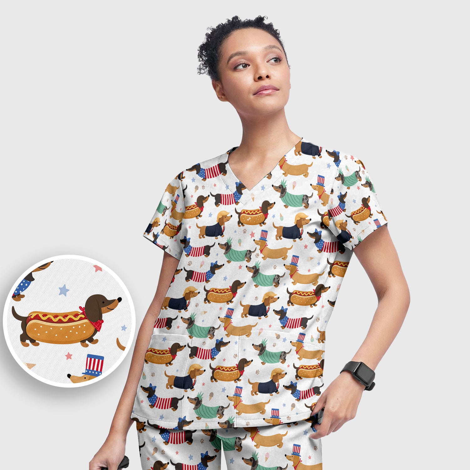 Funny Patriotic Dachshund Costume Dogs Scrub Set, Women's Scrub Sets