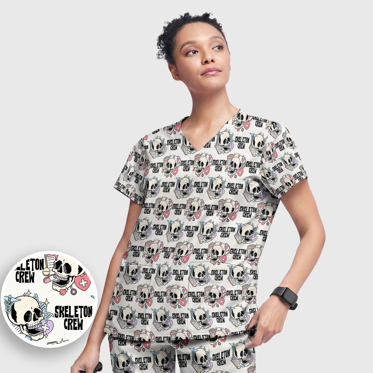 Funny Halloween Skeleton Crew Scrub Set, Scrub Pants and V Neck Top