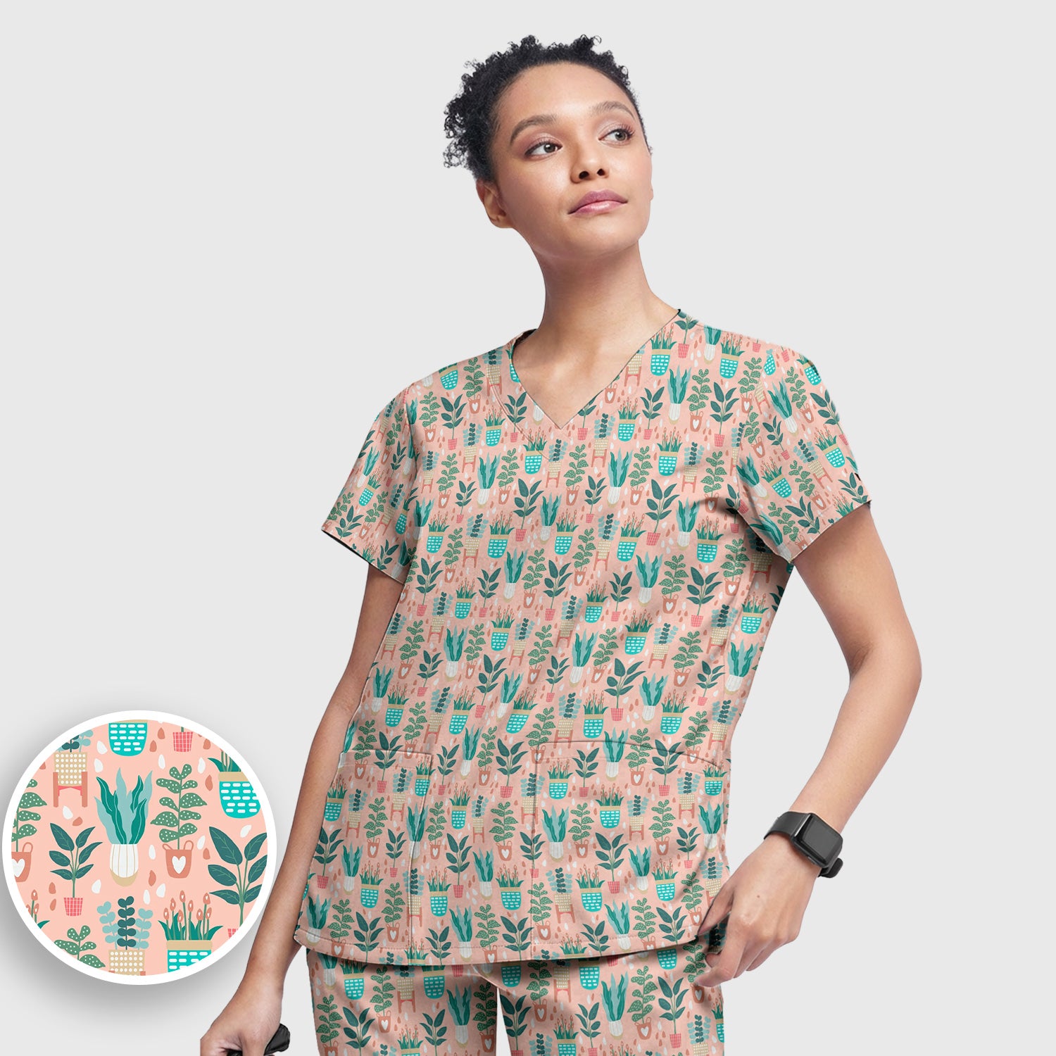 Potted Houseplant Leaves Pattern Scrub Set, Scrub Pants and V Neck Top