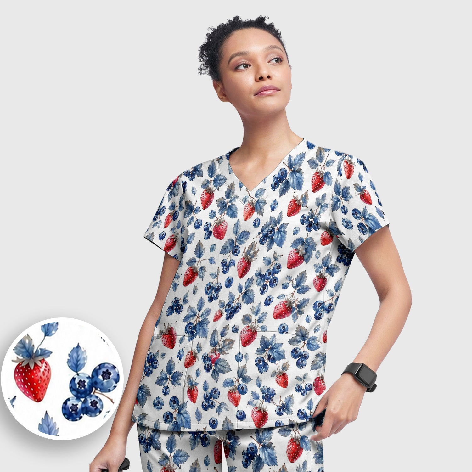 Cute Strawberry & Blueberry Leaf Pattern Scrub Set, Scrub Pants and V Neck Top