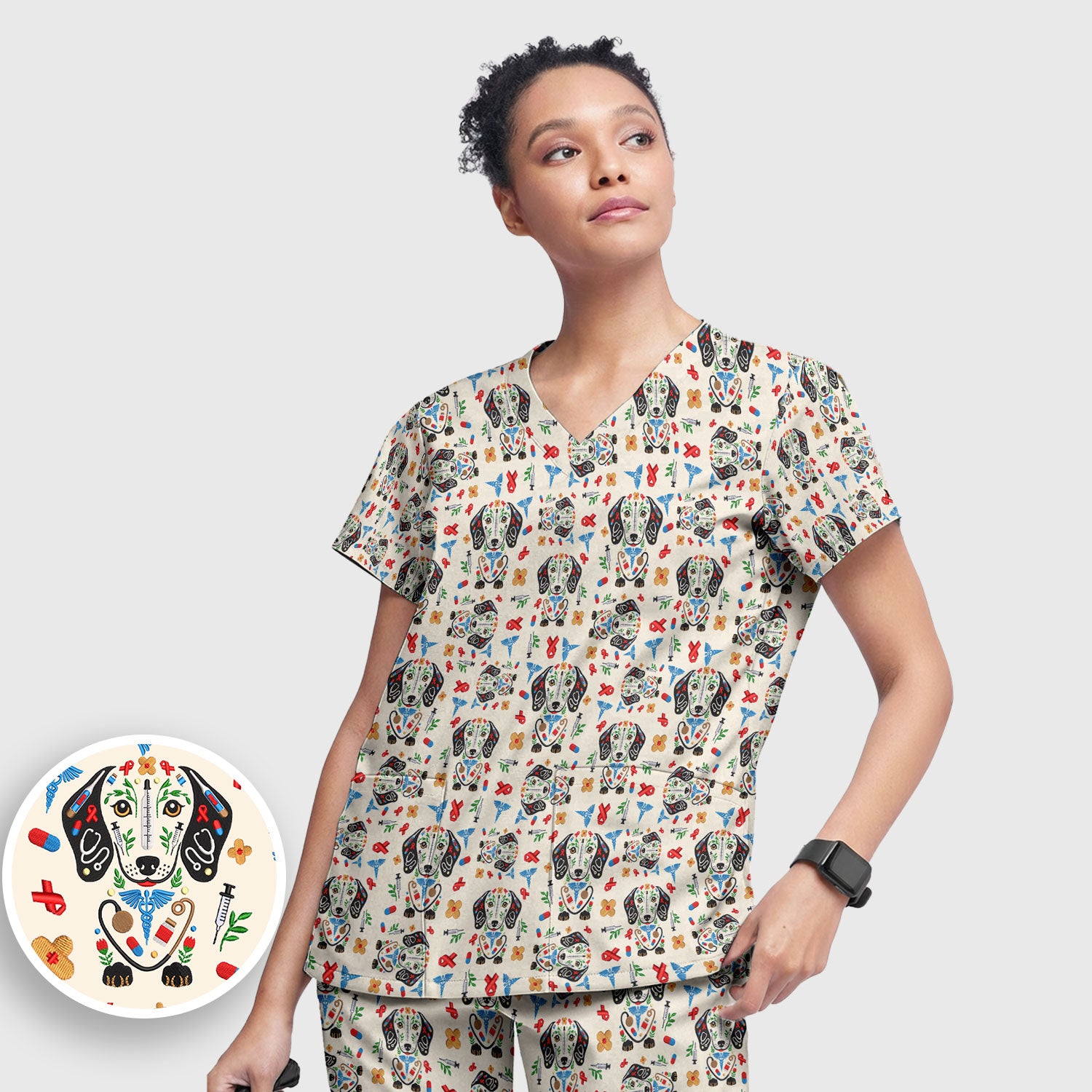 Dachshund Medical Icon Pattern Scrub Set, Women's Scrub Sets