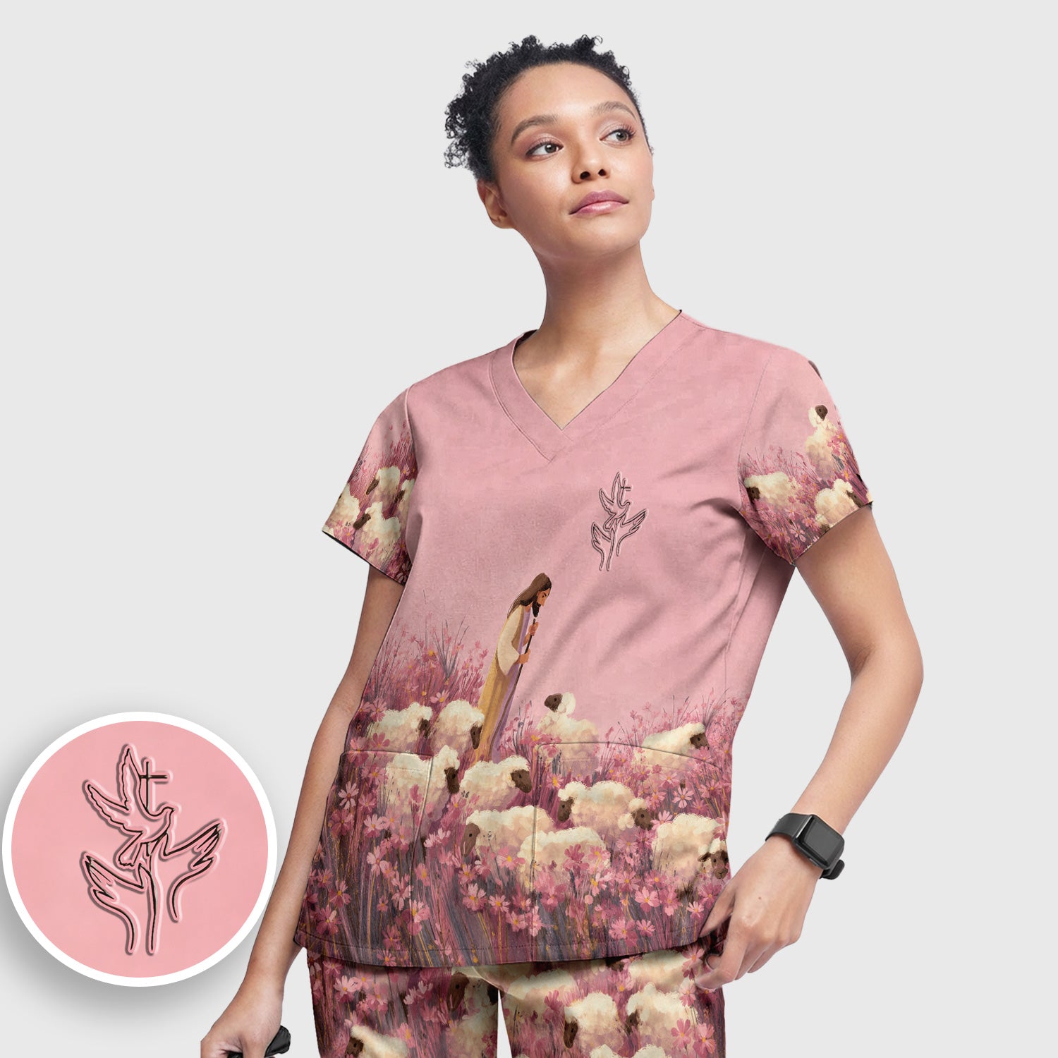 Christian Shepherd With Lambs Pattern Scrub Set, Scrub Pants and V Neck Top