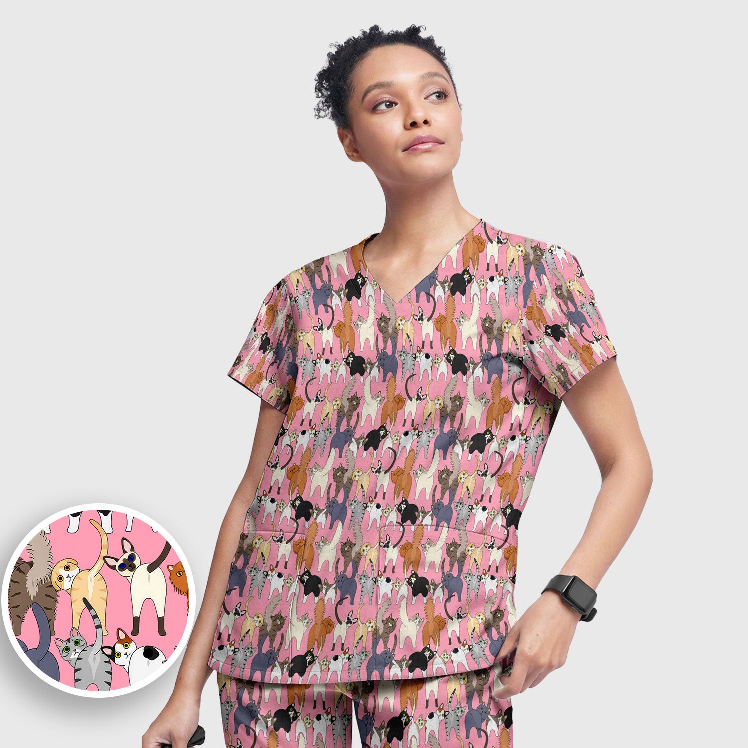 Whimsical Multicolor Cat Cartoon Pattern Scrub Set, Breathable Med Uniform