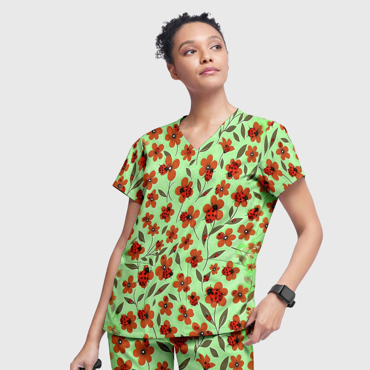 Ladybug on Orange Floral Garden Pattern Scrub Set, Breathable Med Uniform