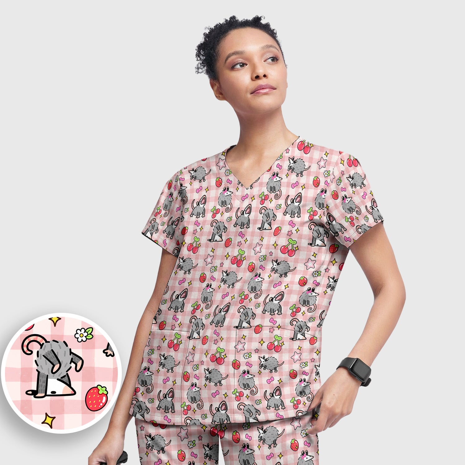 Cute Opossum And Cherries Gingham Pattern Scrub Set, Scrub Pants and V Neck Top